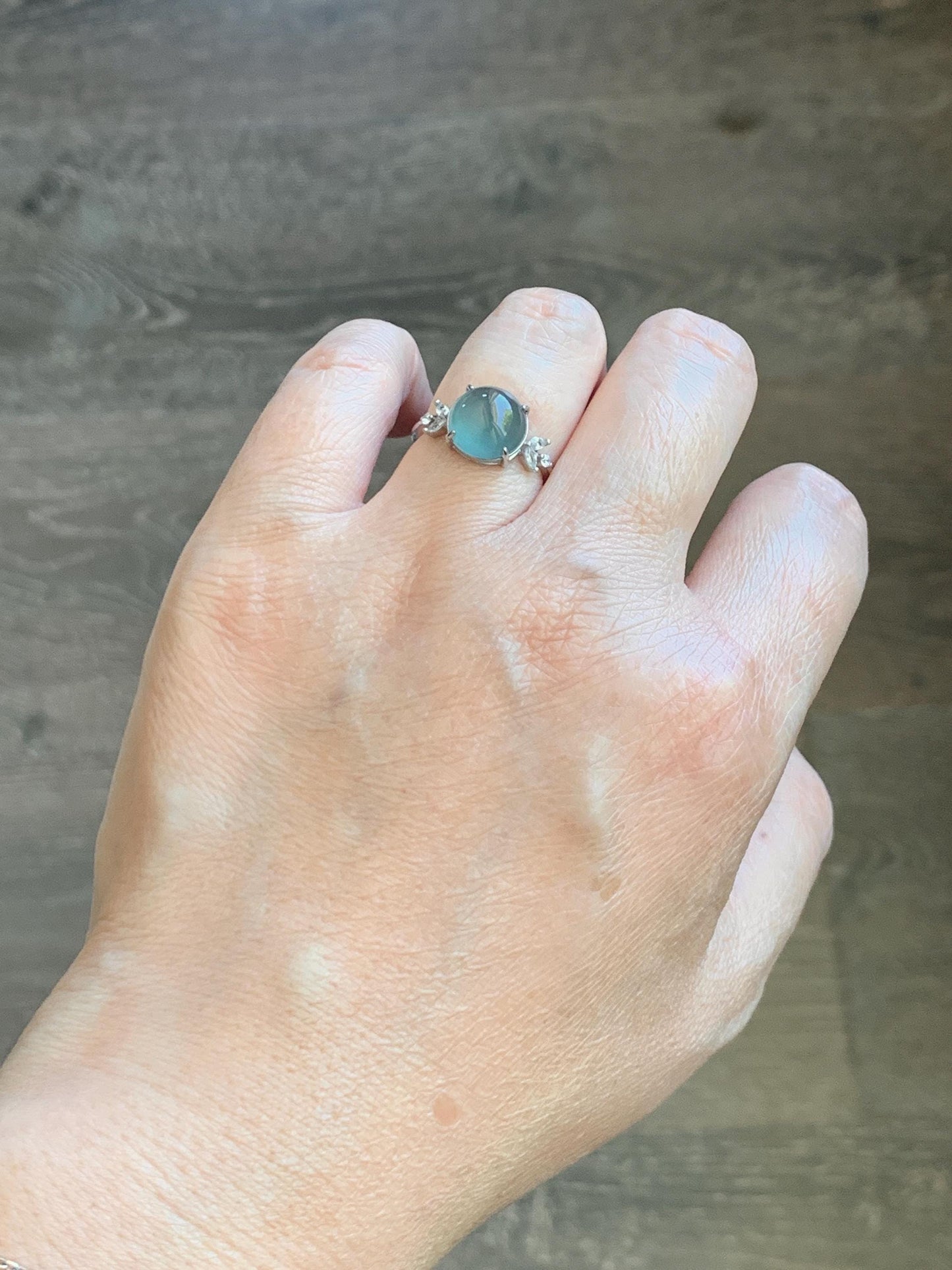 Natural Grade A Guatemalan Icy Translucent Dusty Teal Green Round Jade Jadeite Ring Sterling Silver Size 6 US Adjustable 天然冰危蓝绿翡翠银镶戒指 WDL110
