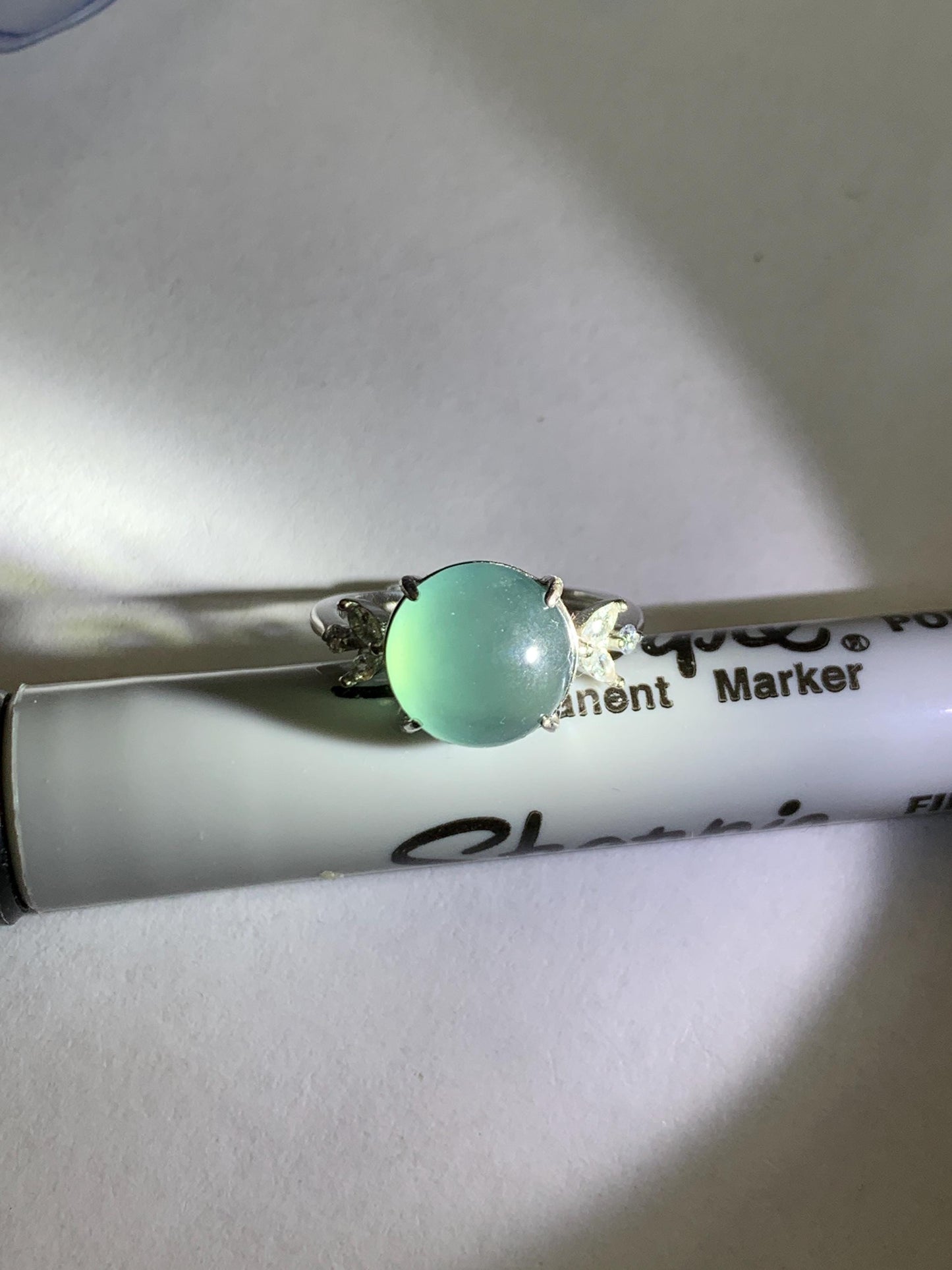 Natural Grade A Guatemalan Icy Translucent Dusty Teal Green Round Jade Jadeite Ring Sterling Silver Size 6 US Adjustable 天然冰危蓝绿翡翠银镶戒指 WDL110