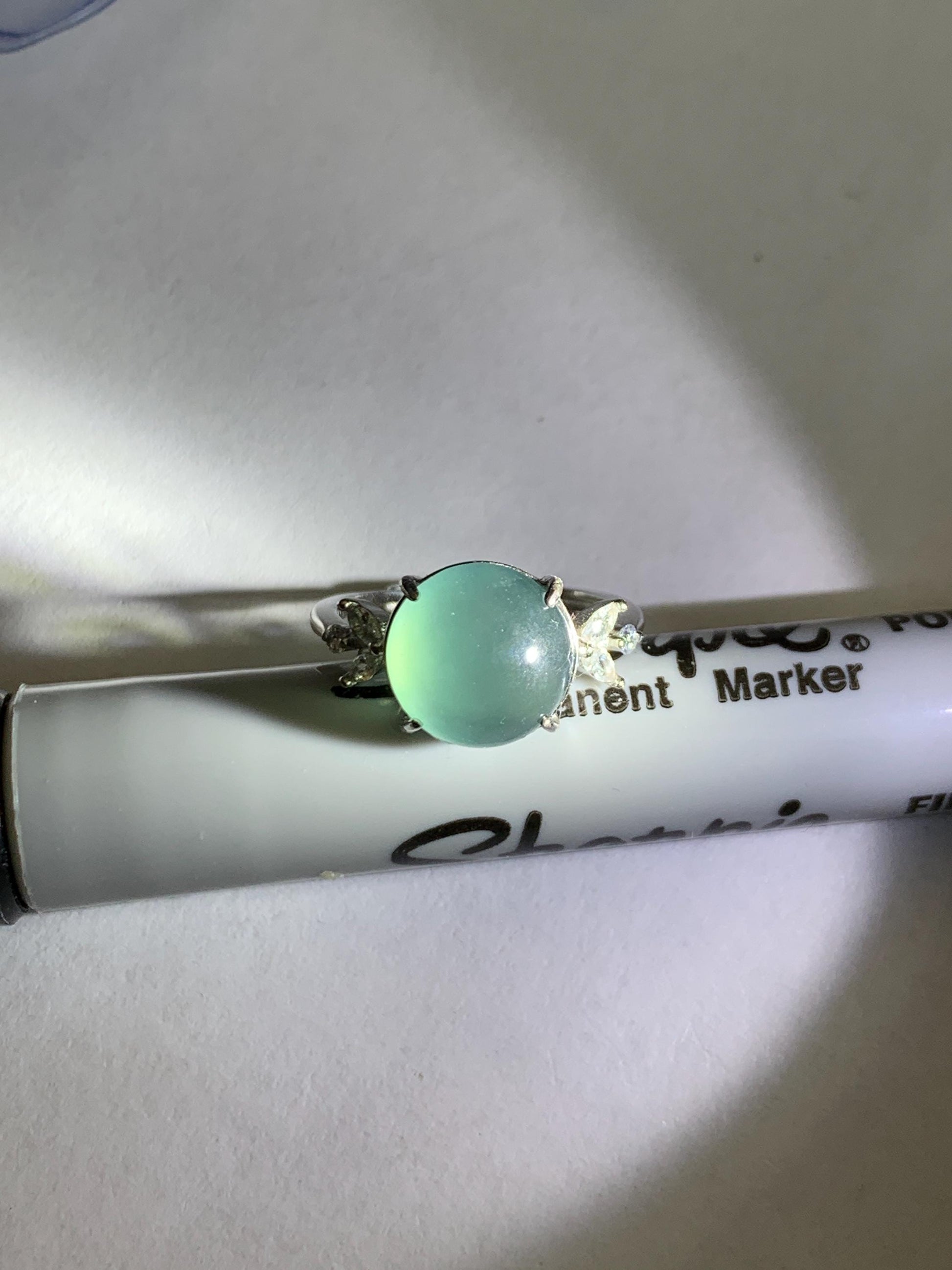 Natural Grade A Guatemalan Icy Translucent Dusty Teal Green Round Jade Jadeite Ring Sterling Silver Size 6 US Adjustable 天然冰危蓝绿翡翠银镶戒指 WDL110