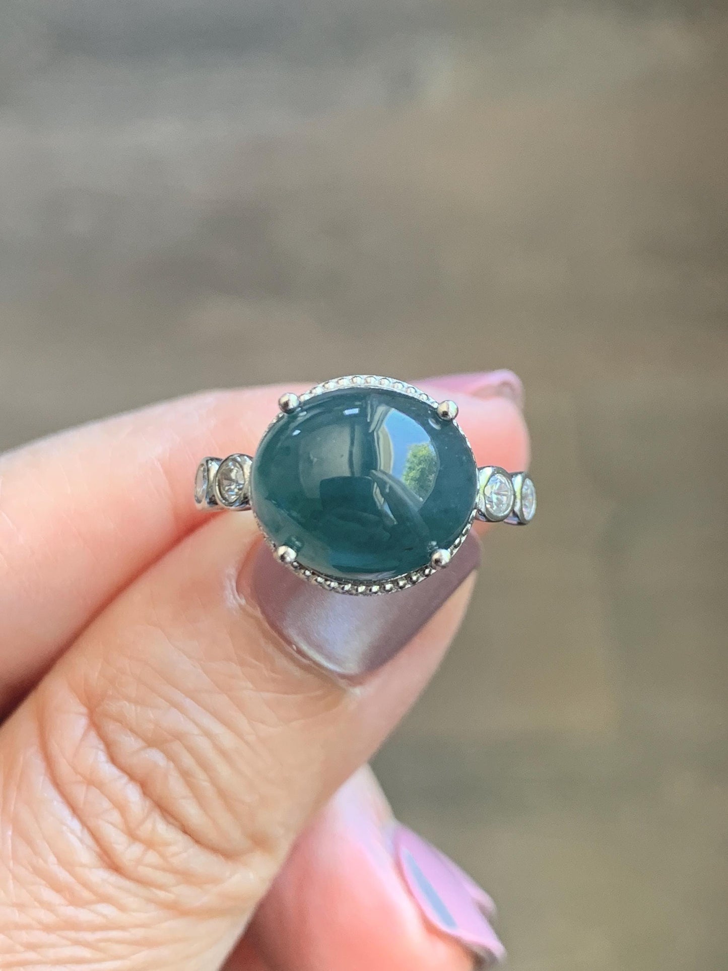 Natural Grade A Guatemalan Icy Translucent Dark Dusty Blue Jade Jadeite Ring Sterling Silver Size 7 US Adjustable 天然冰危深蓝翡翠银镶戒指 WNZ138