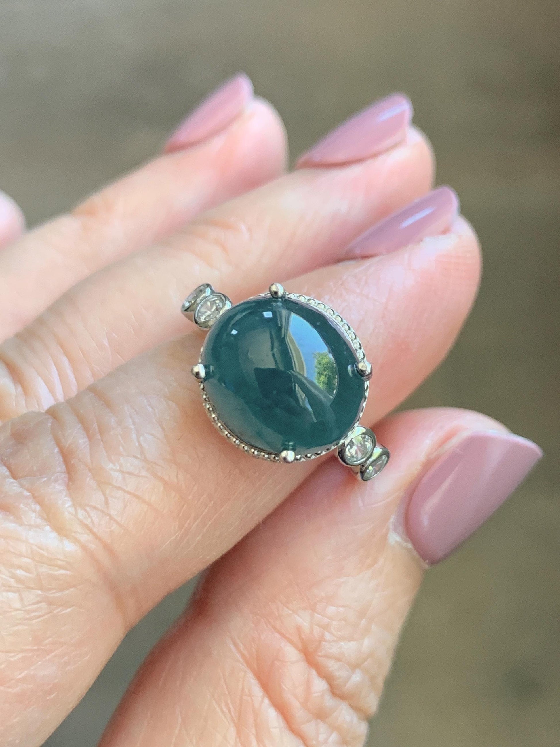 Natural Grade A Guatemalan Icy Translucent Dark Dusty Blue Jade Jadeite Ring Sterling Silver Size 7 US Adjustable 天然冰危深蓝翡翠银镶戒指 WNZ138