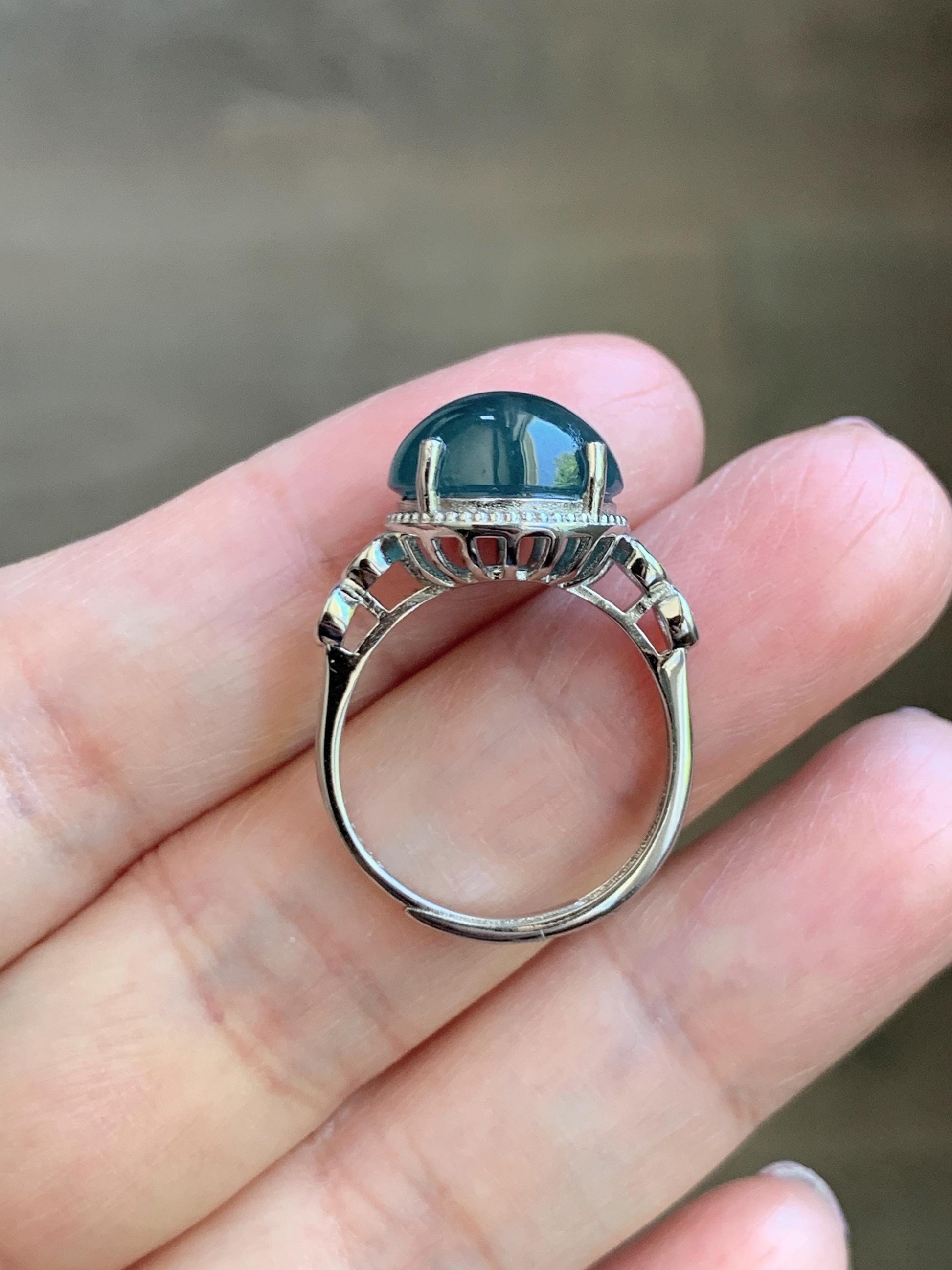 Natural Grade A Guatemalan Icy Translucent Dark Dusty Blue Jade Jadeite Ring Sterling Silver Size 7 US Adjustable 天然冰危深蓝翡翠银镶戒指 WNZ138