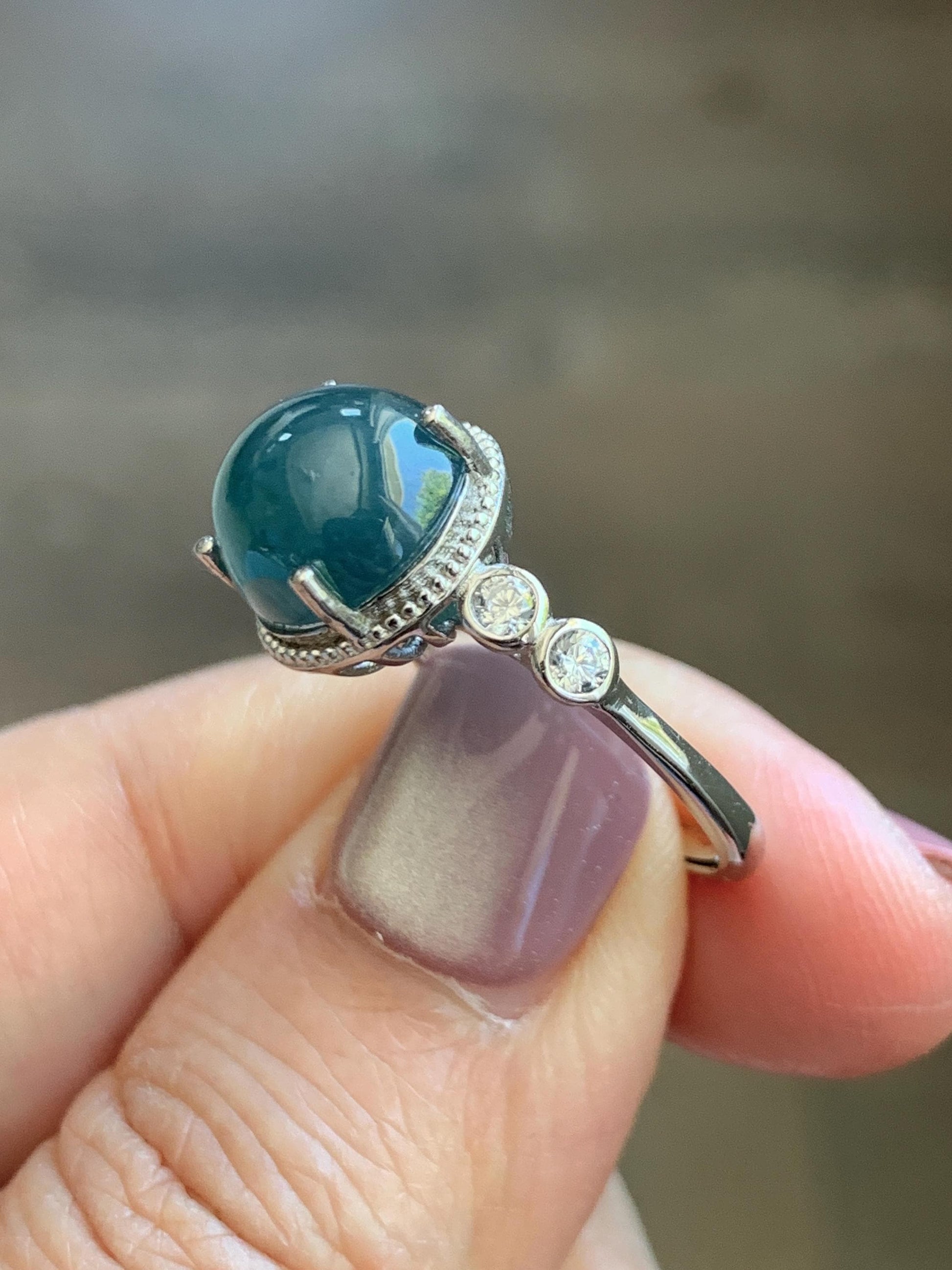 Natural Grade A Guatemalan Icy Translucent Dark Dusty Blue Jade Jadeite Ring Sterling Silver Size 7 US Adjustable 天然冰危深蓝翡翠银镶戒指 WNZ138