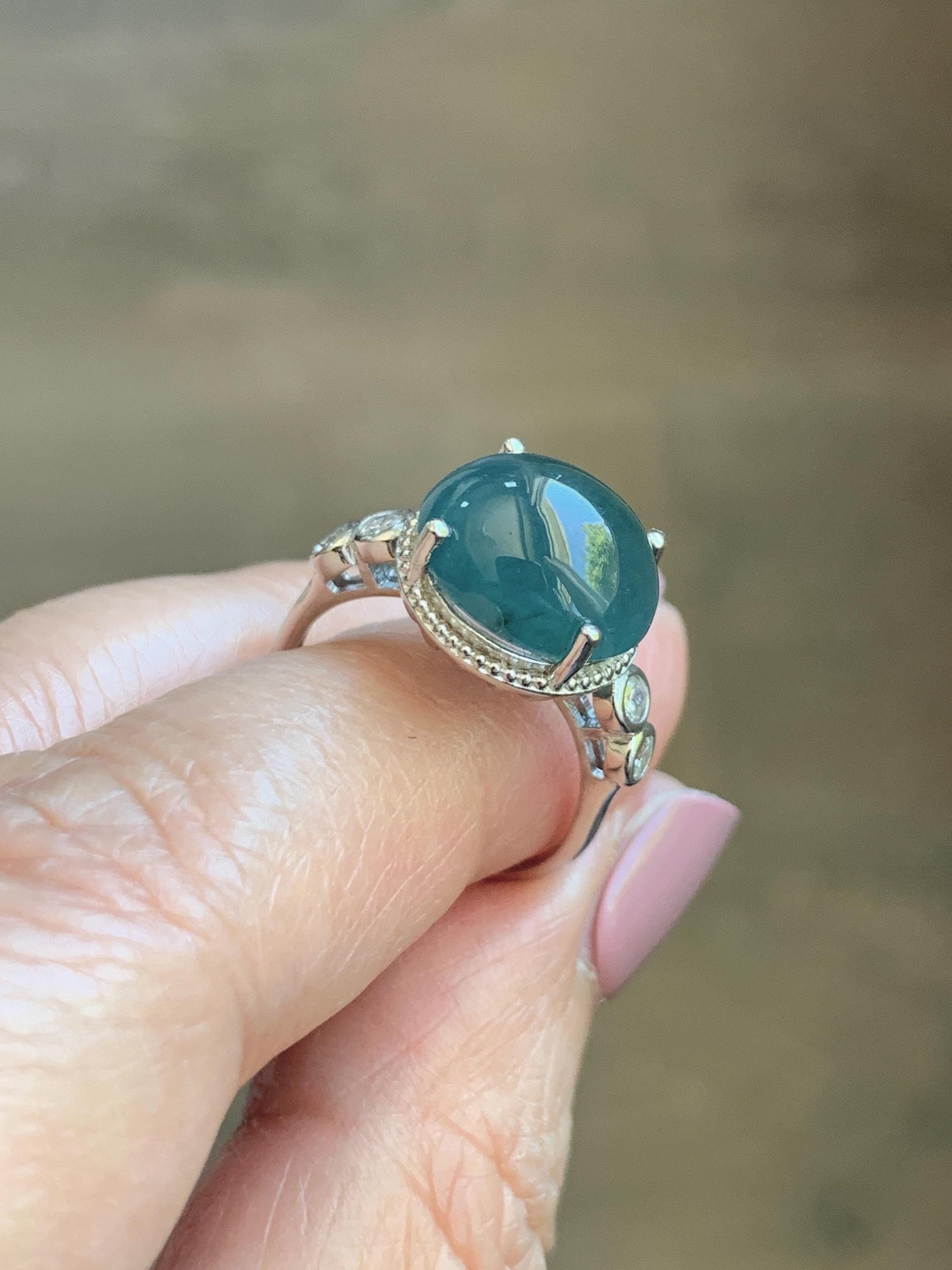 Natural Grade A Guatemalan Icy Translucent Dark Dusty Blue Jade Jadeite Ring Sterling Silver Size 7 US Adjustable 天然冰危深蓝翡翠银镶戒指 WNZ138