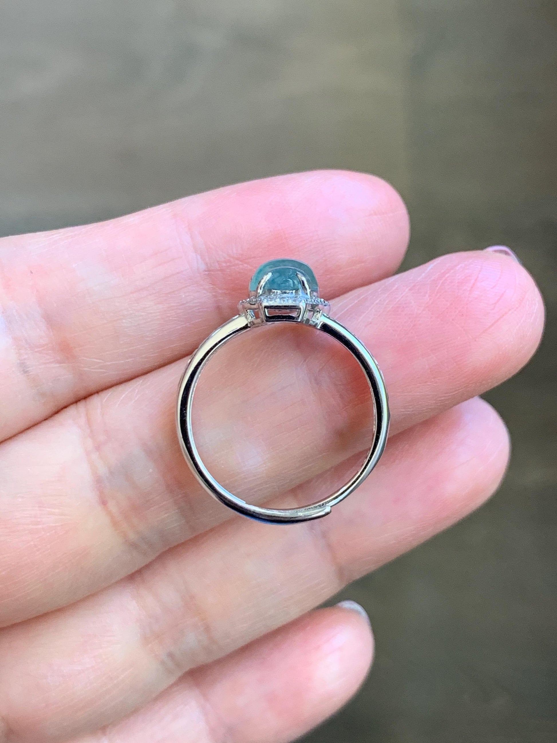 Natural Grade A Guatemalan Icy Translucent Light Teal Blue Jade Jadeite Gourd Hulu Ring Sterling Silver Size 7 Adjustable 天然冰危浅蓝翡翠葫芦戒指 WLH88