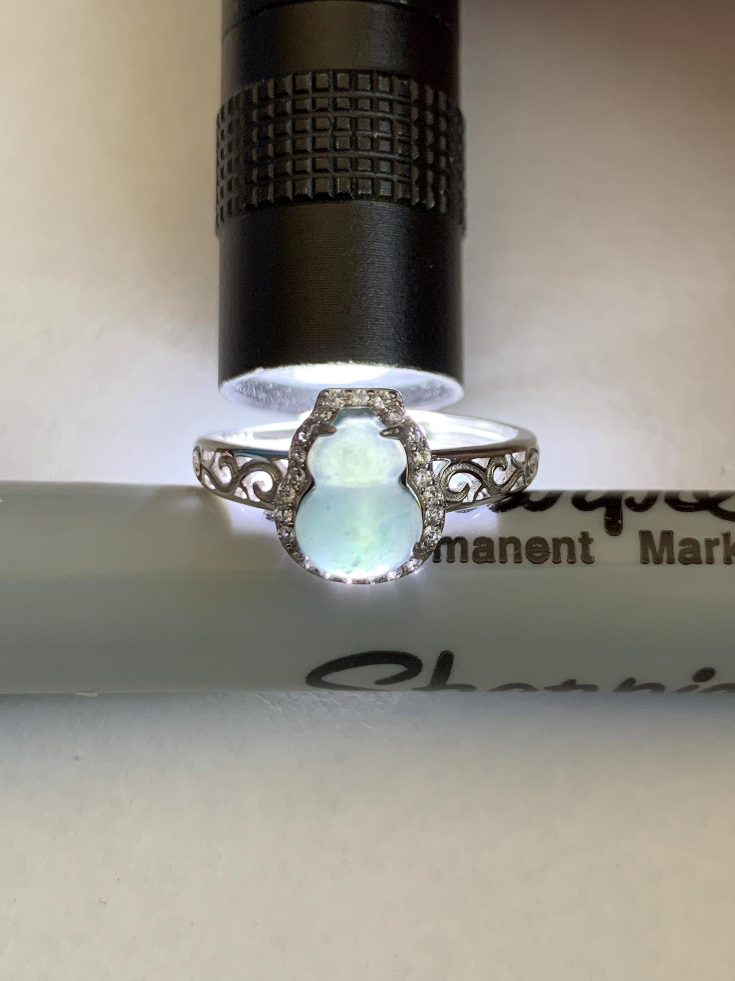 Natural Grade A Guatemalan Icy Translucent Light Teal Blue Jade Jadeite Gourd Hulu Ring Sterling Silver Size 7 Adjustable 天然冰危浅蓝翡翠葫芦戒指 WLH88