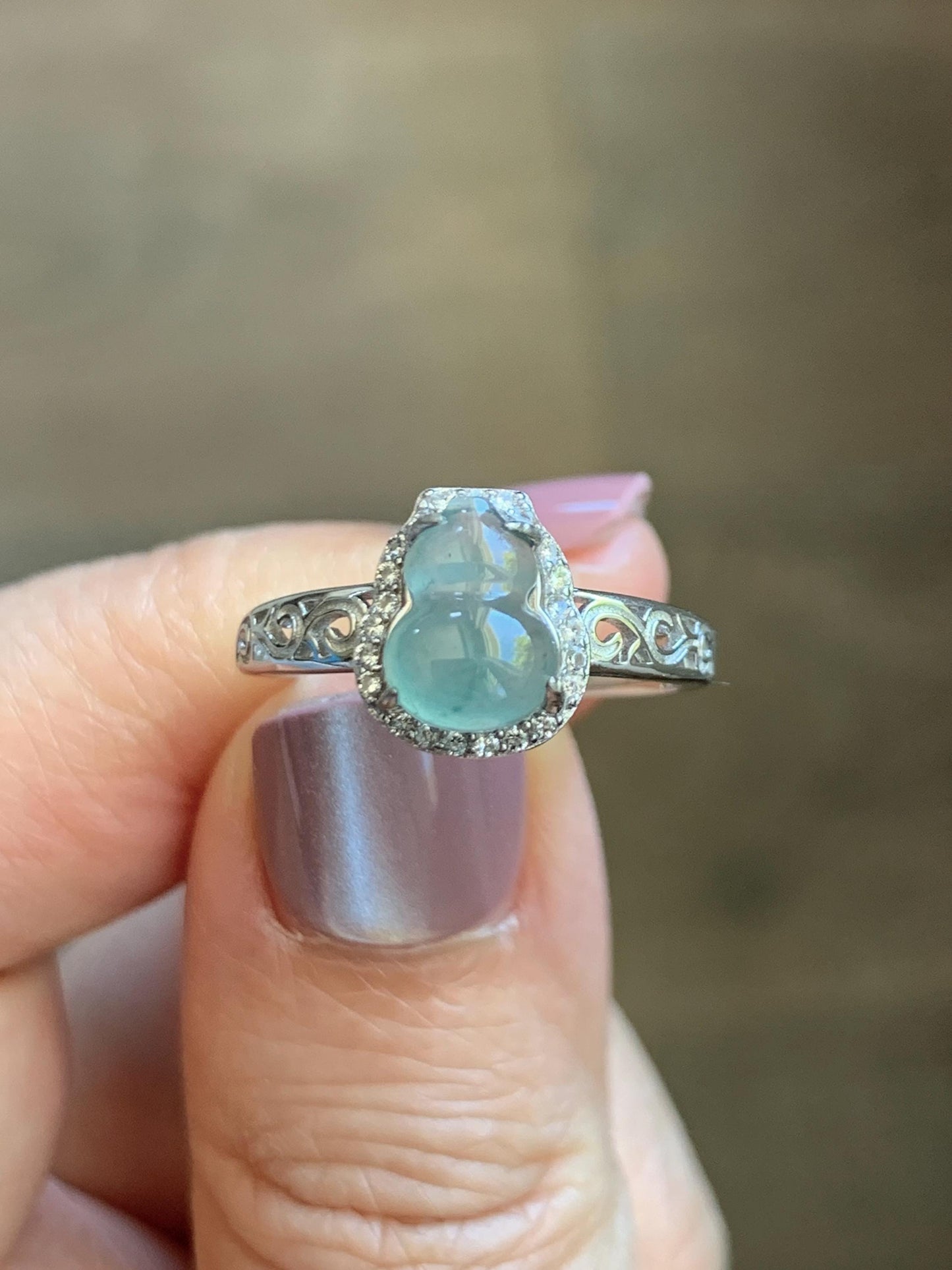 Natural Grade A Guatemalan Icy Translucent Light Teal Blue Jade Jadeite Gourd Hulu Ring Sterling Silver Size 7 Adjustable 天然冰危浅蓝翡翠葫芦戒指 WLH88