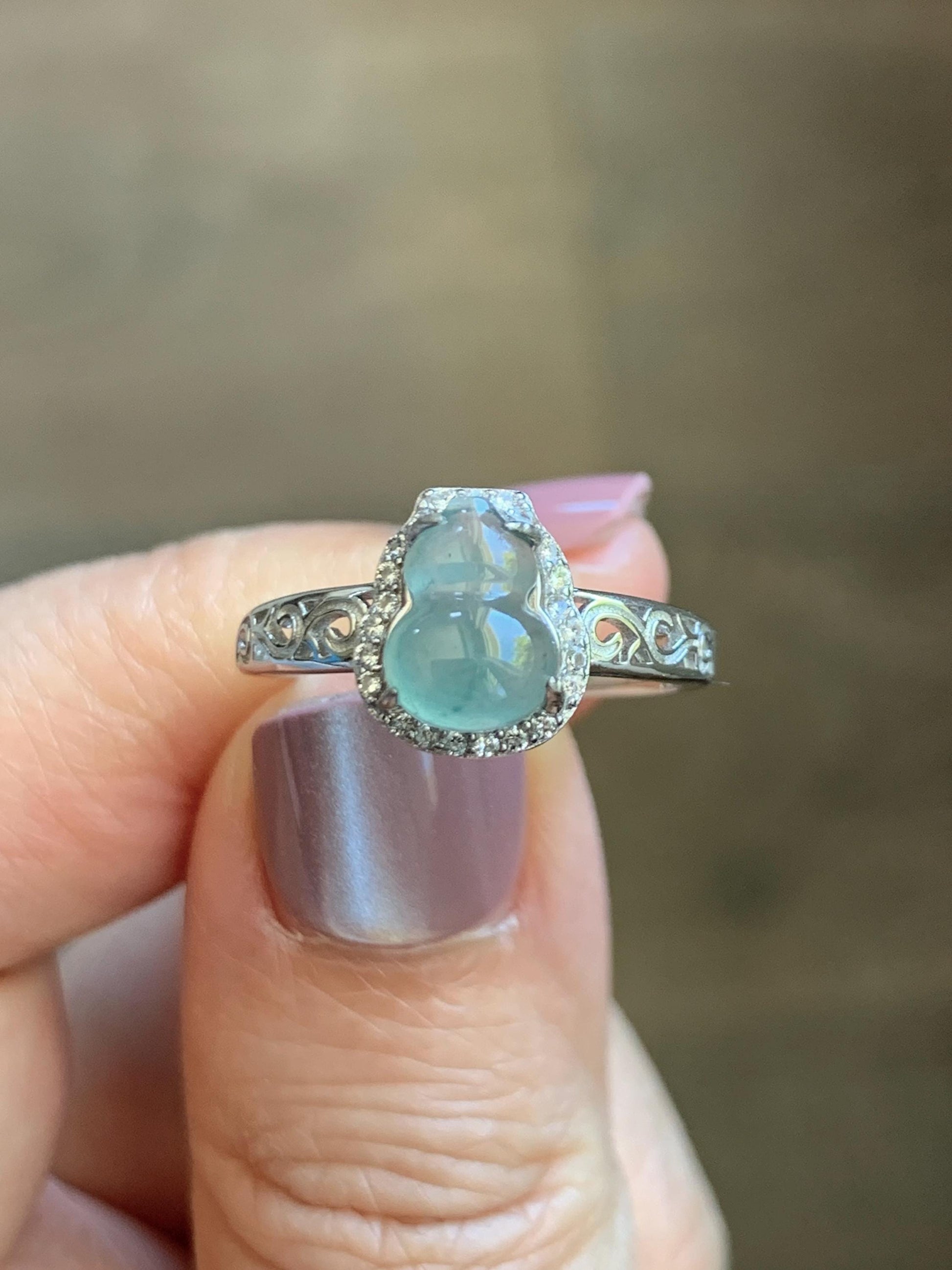 Natural Grade A Guatemalan Icy Translucent Light Teal Blue Jade Jadeite Gourd Hulu Ring Sterling Silver Size 7 Adjustable 天然冰危浅蓝翡翠葫芦戒指 WLH88