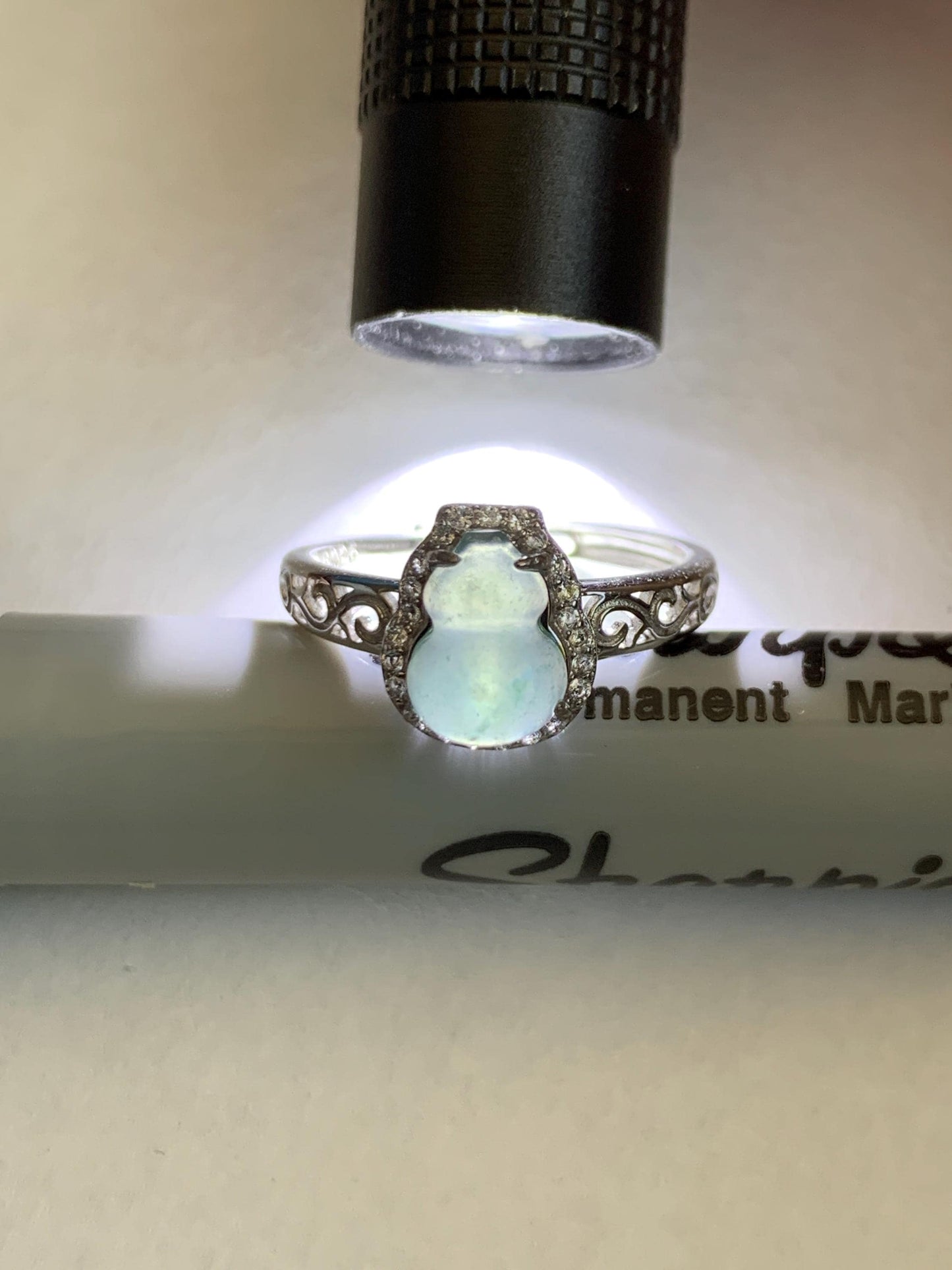 Natural Grade A Guatemalan Icy Translucent Light Teal Blue Jade Jadeite Gourd Hulu Ring Sterling Silver Size 7 Adjustable 天然冰危浅蓝翡翠葫芦戒指 WLH88