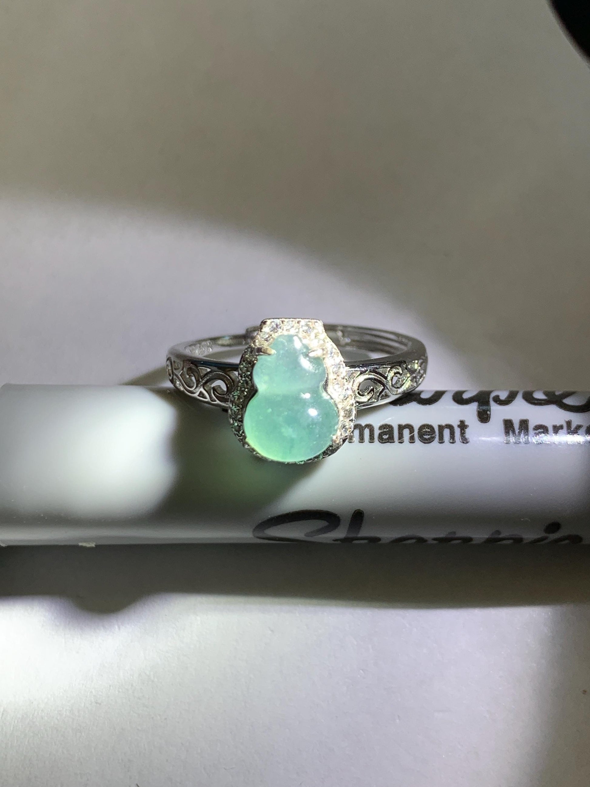Natural Grade A Guatemalan Icy Translucent Light Teal Blue Jade Jadeite Gourd Hulu Ring Sterling Silver Size 7 Adjustable 天然冰危浅蓝翡翠葫芦戒指 WLH88
