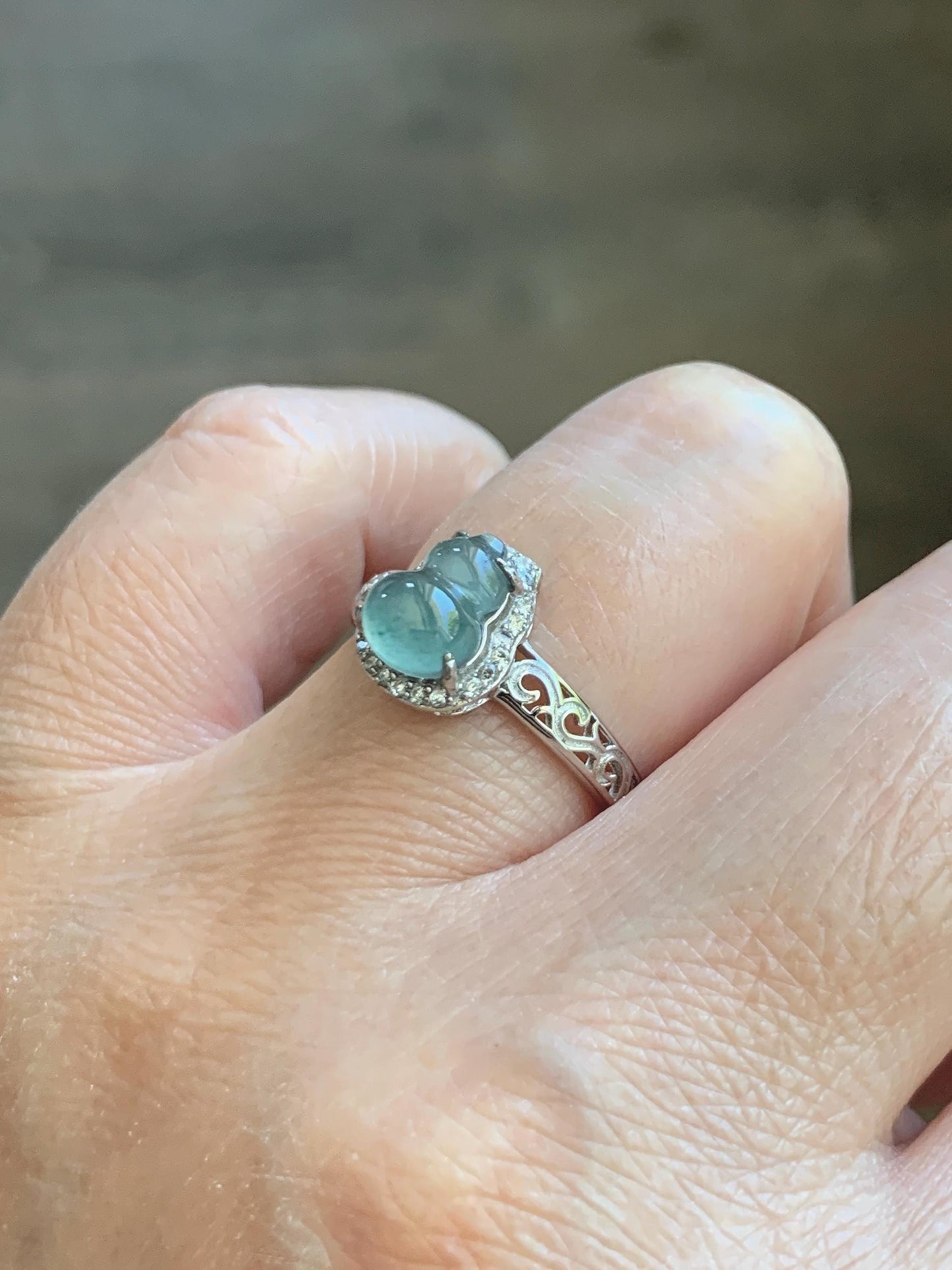 Natural Grade A Guatemalan Icy Translucent Light Teal Blue Jade Jadeite Gourd Hulu Ring Sterling Silver Size 7 Adjustable 天然冰危浅蓝翡翠葫芦戒指 WLH88