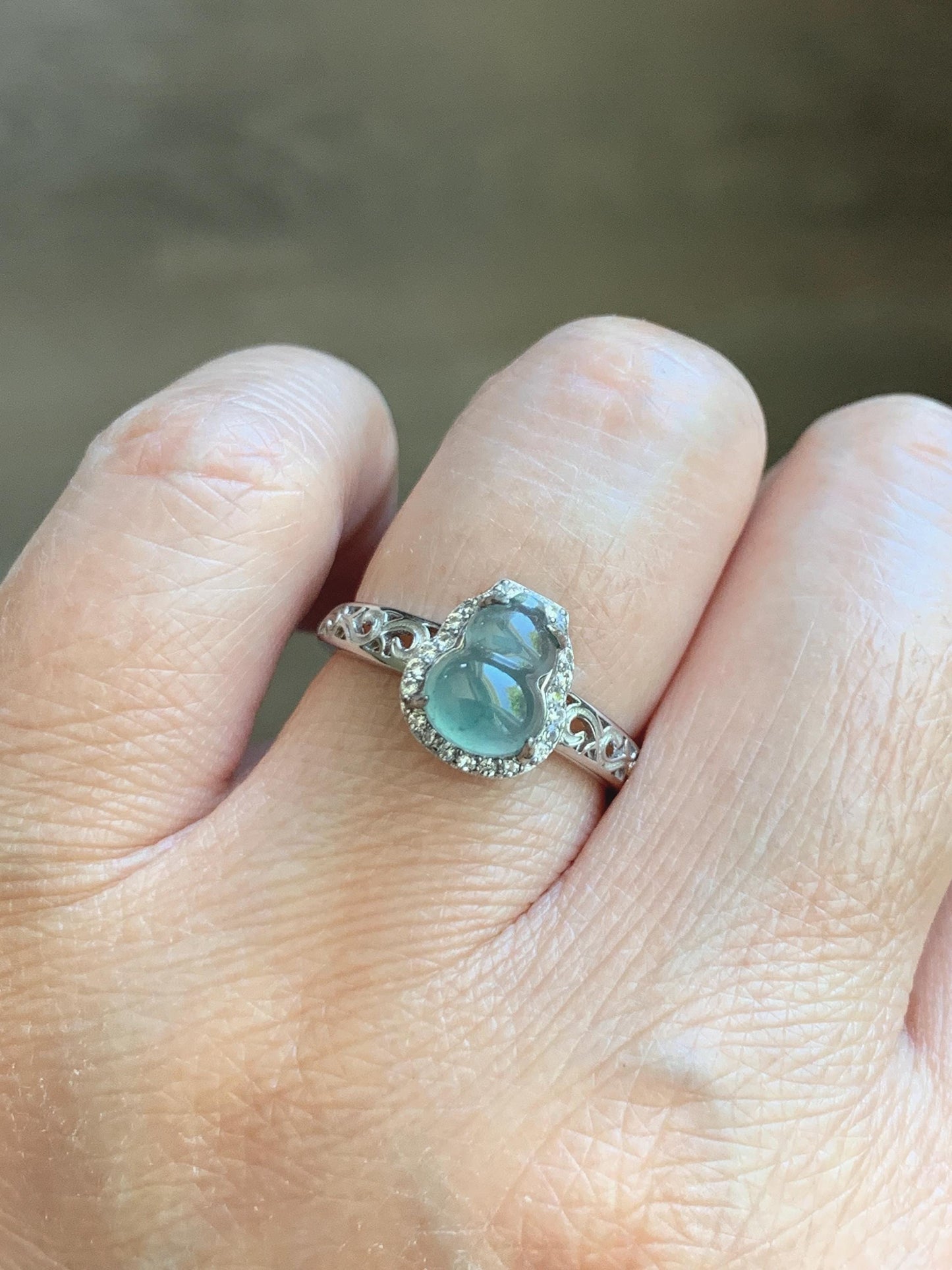 Natural Grade A Guatemalan Icy Translucent Light Teal Blue Jade Jadeite Gourd Hulu Ring Sterling Silver Size 7 Adjustable 天然冰危浅蓝翡翠葫芦戒指 WLH88
