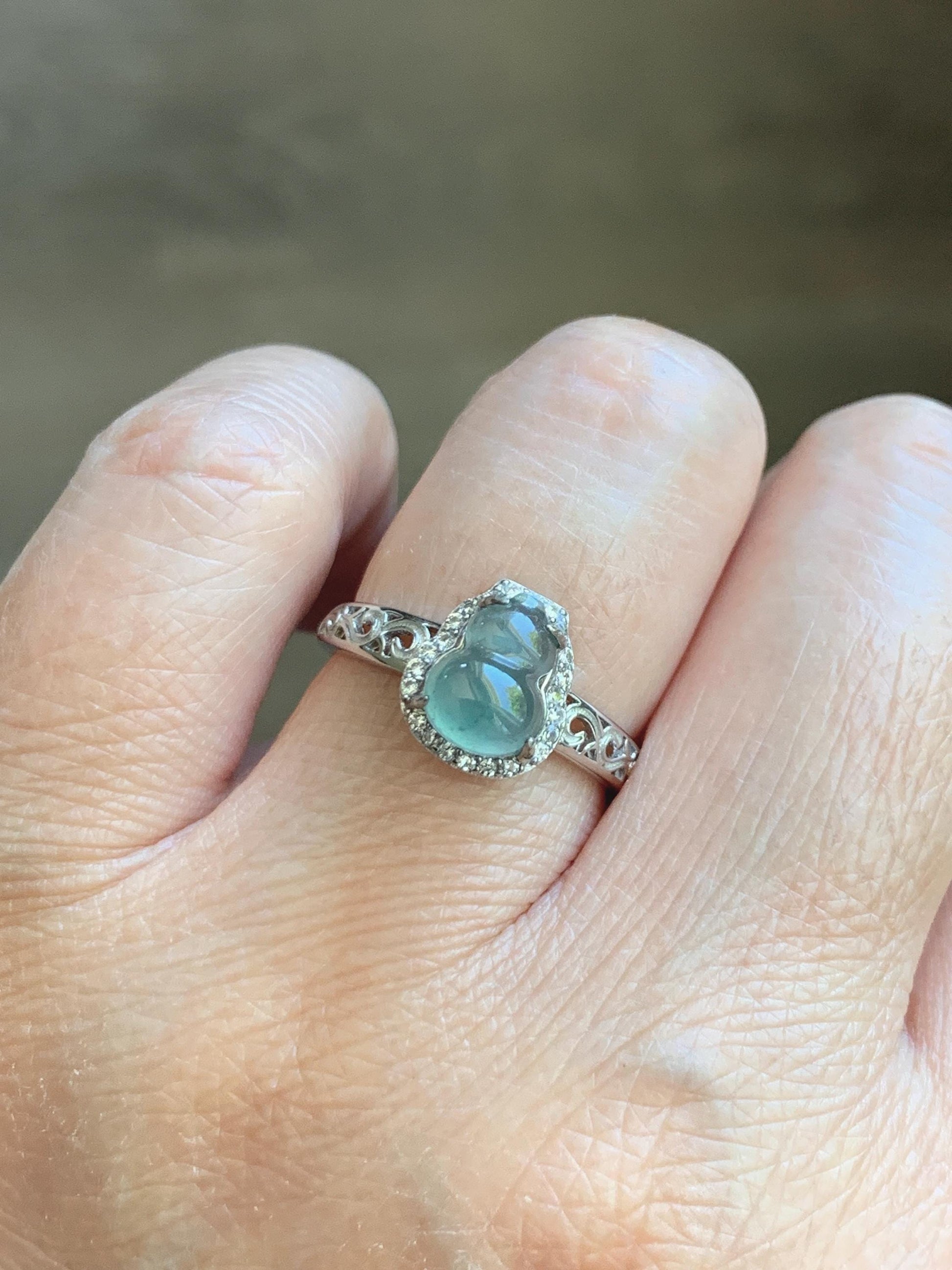 Natural Grade A Guatemalan Icy Translucent Light Teal Blue Jade Jadeite Gourd Hulu Ring Sterling Silver Size 7 Adjustable 天然冰危浅蓝翡翠葫芦戒指 WLH88