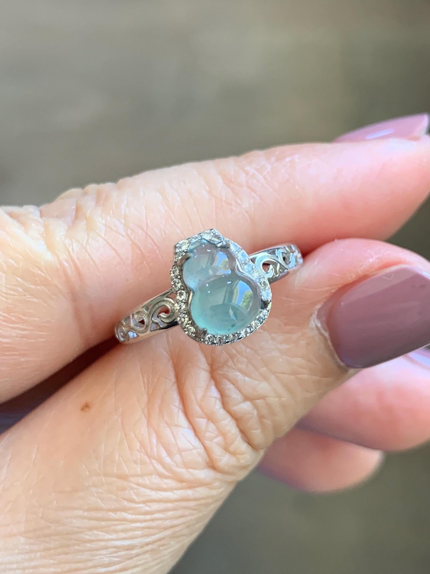 Natural Grade A Guatemalan Icy Translucent Light Teal Blue Jade Jadeite Gourd Hulu Ring Sterling Silver Size 7 Adjustable 天然冰危浅蓝翡翠葫芦戒指 WLH88