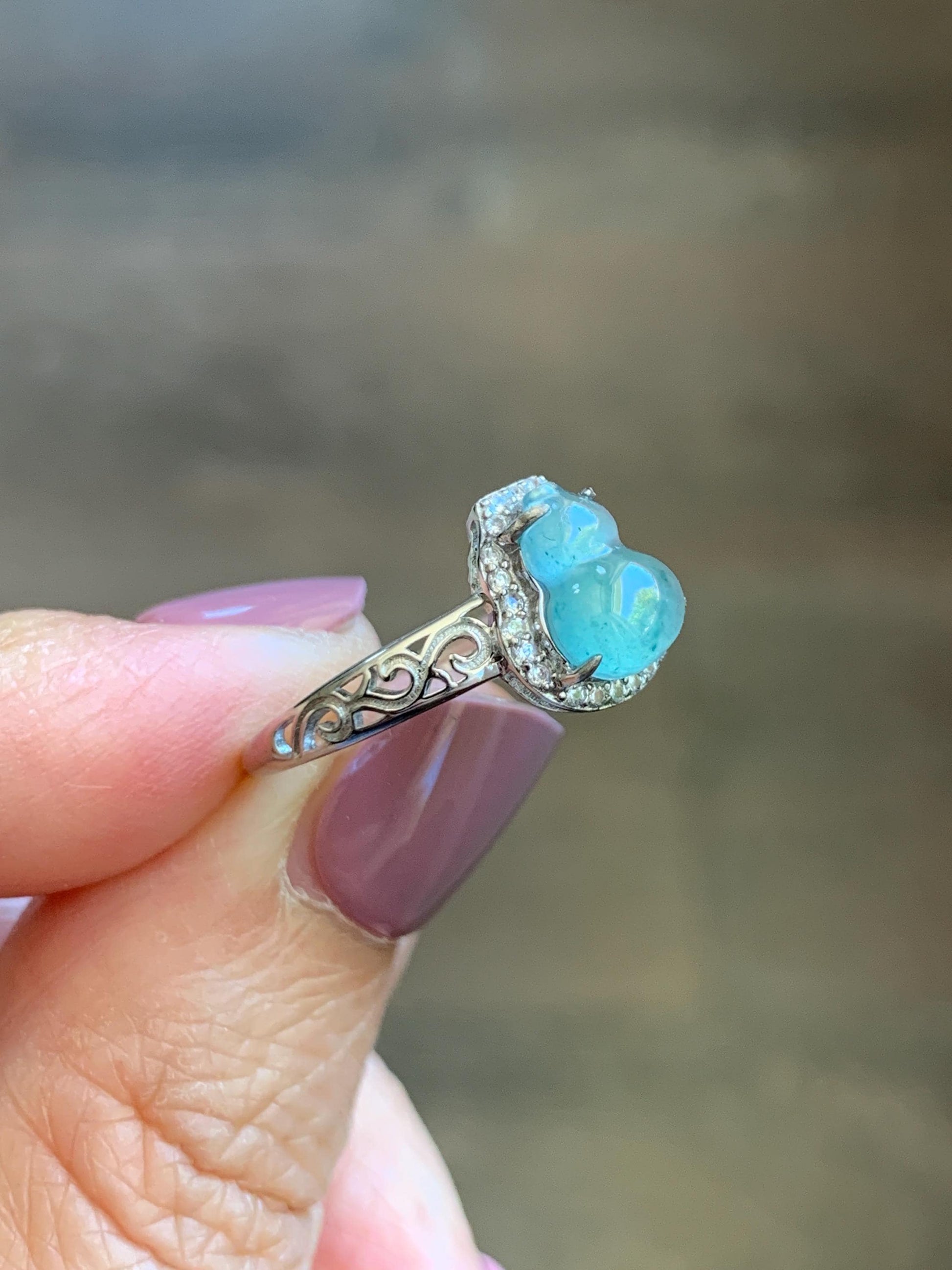 Natural Grade A Guatemalan Icy Translucent Light Teal Blue Jade Jadeite Gourd Hulu Ring Sterling Silver Size 7 Adjustable 天然冰危浅蓝翡翠葫芦戒指 WLH88