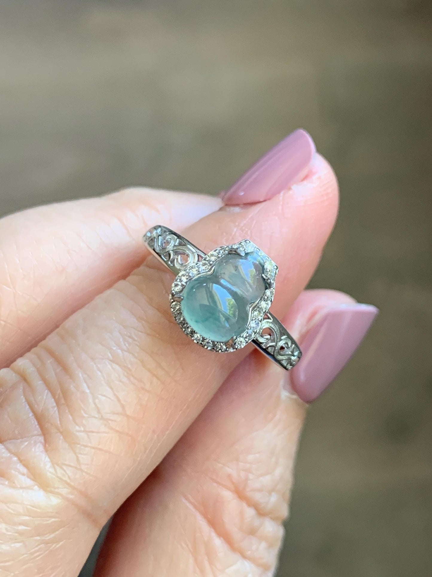 Natural Grade A Guatemalan Icy Translucent Light Teal Blue Jade Jadeite Gourd Hulu Ring Sterling Silver Size 7 Adjustable 天然冰危浅蓝翡翠葫芦戒指 WLH88