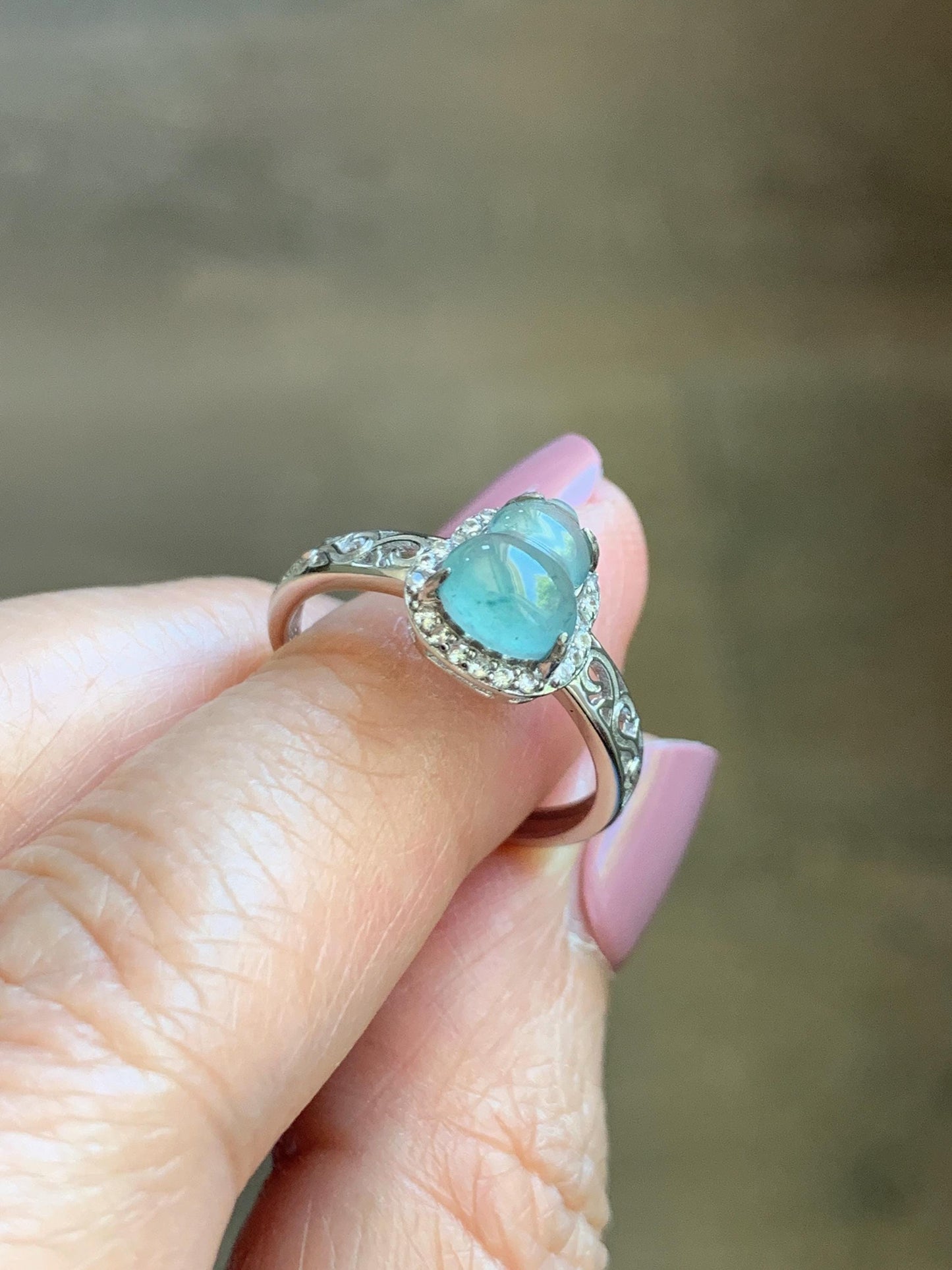 Natural Grade A Guatemalan Icy Translucent Light Teal Blue Jade Jadeite Gourd Hulu Ring Sterling Silver Size 7 Adjustable 天然冰危浅蓝翡翠葫芦戒指 WLH88