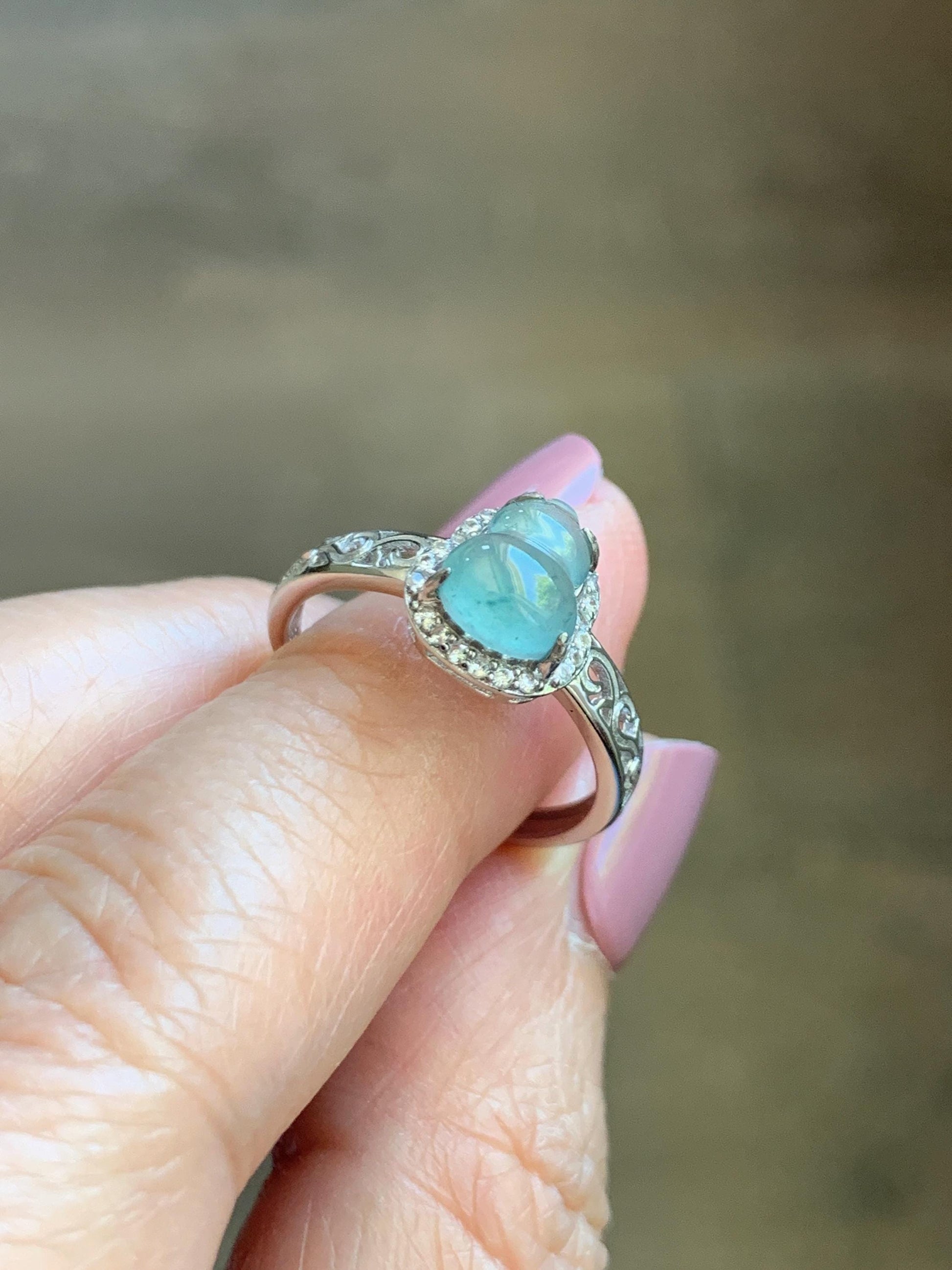Natural Grade A Guatemalan Icy Translucent Light Teal Blue Jade Jadeite Gourd Hulu Ring Sterling Silver Size 7 Adjustable 天然冰危浅蓝翡翠葫芦戒指 WLH88