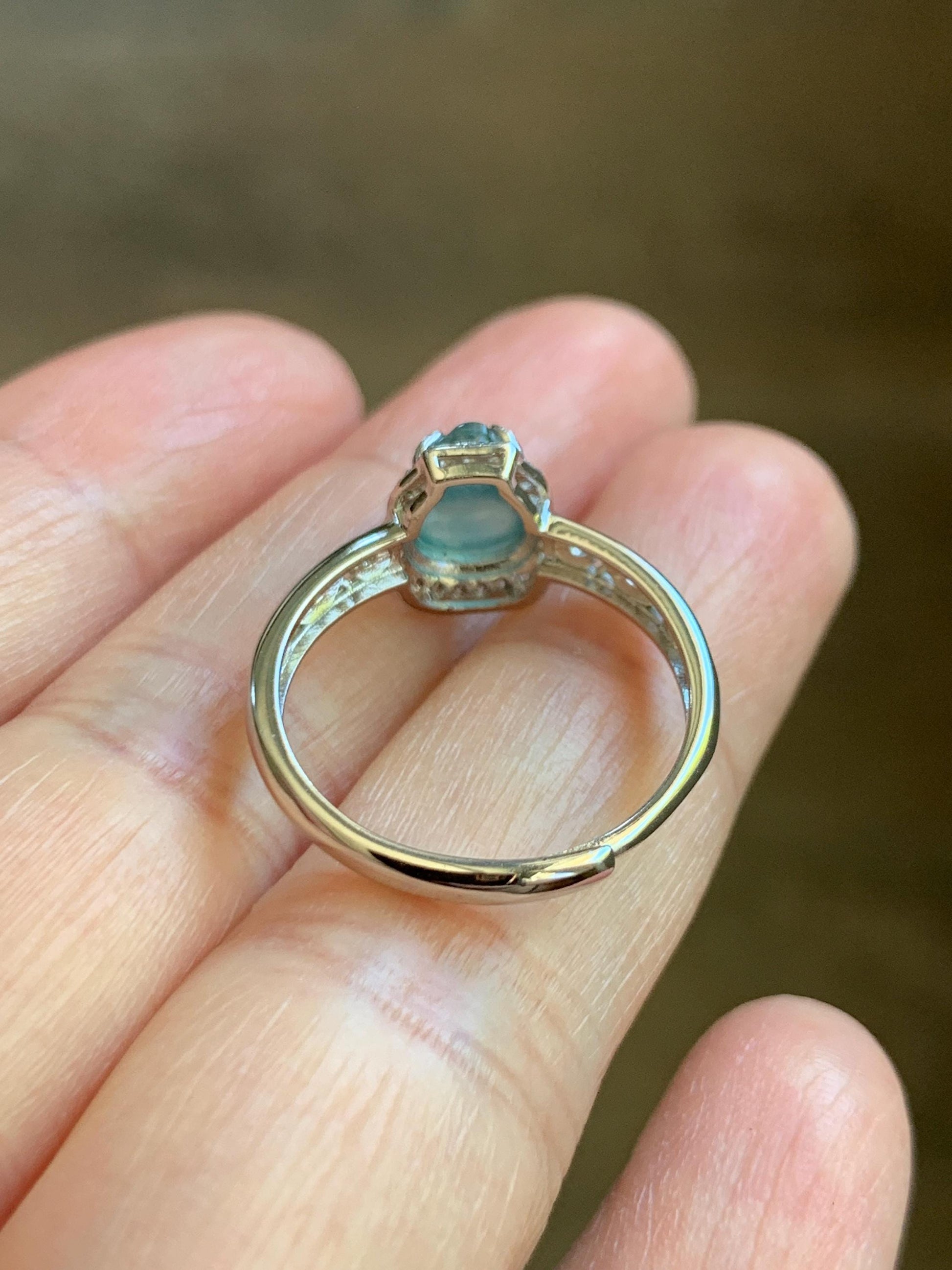 Natural Grade A Guatemalan Icy Translucent Light Teal Blue Jade Jadeite Gourd Hulu Ring Sterling Silver Size 7 Adjustable 天然冰危浅蓝翡翠葫芦戒指 WLH88