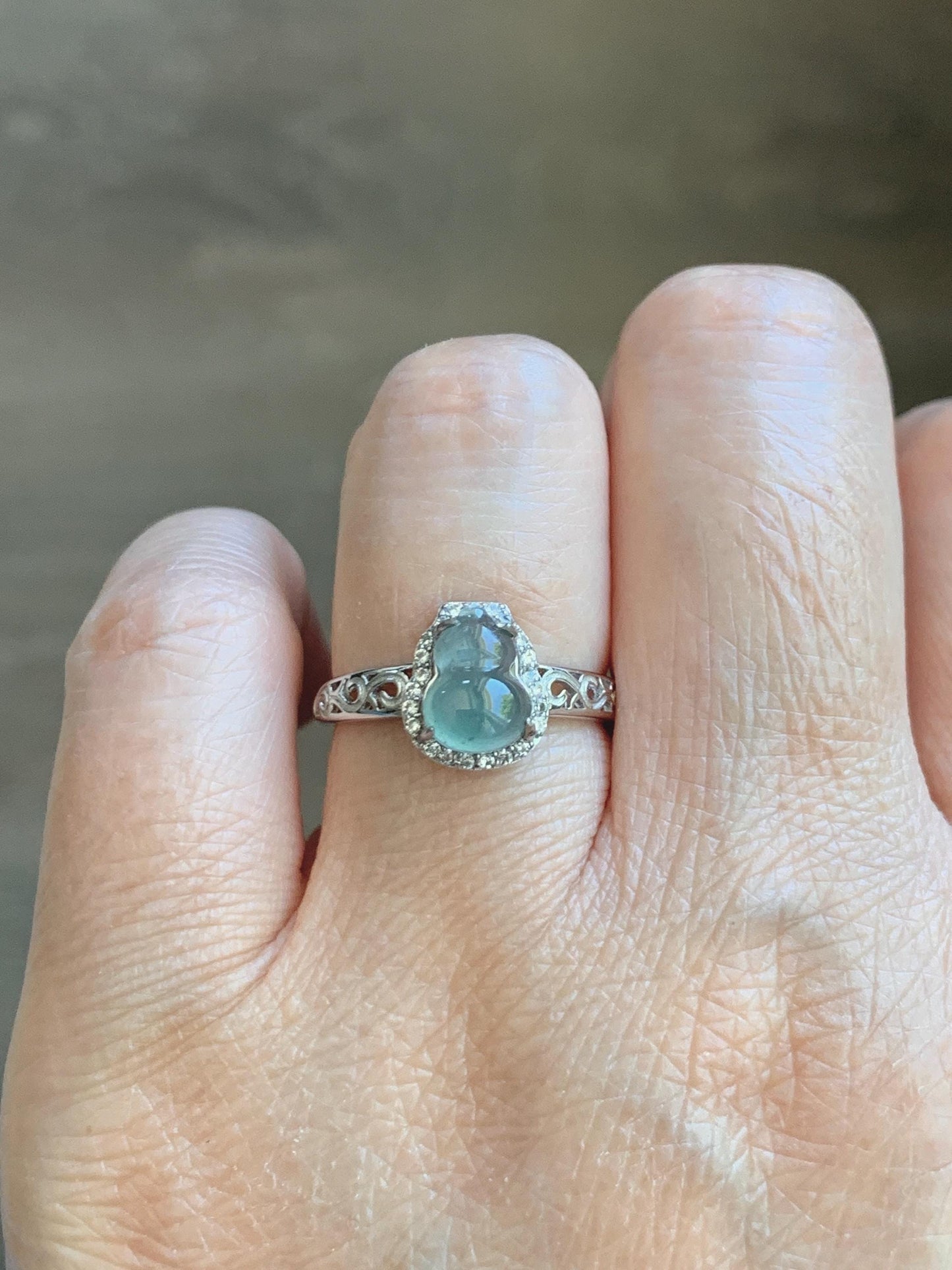 Natural Grade A Guatemalan Icy Translucent Light Teal Blue Jade Jadeite Gourd Hulu Ring Sterling Silver Size 7 Adjustable 天然冰危浅蓝翡翠葫芦戒指 WLH88
