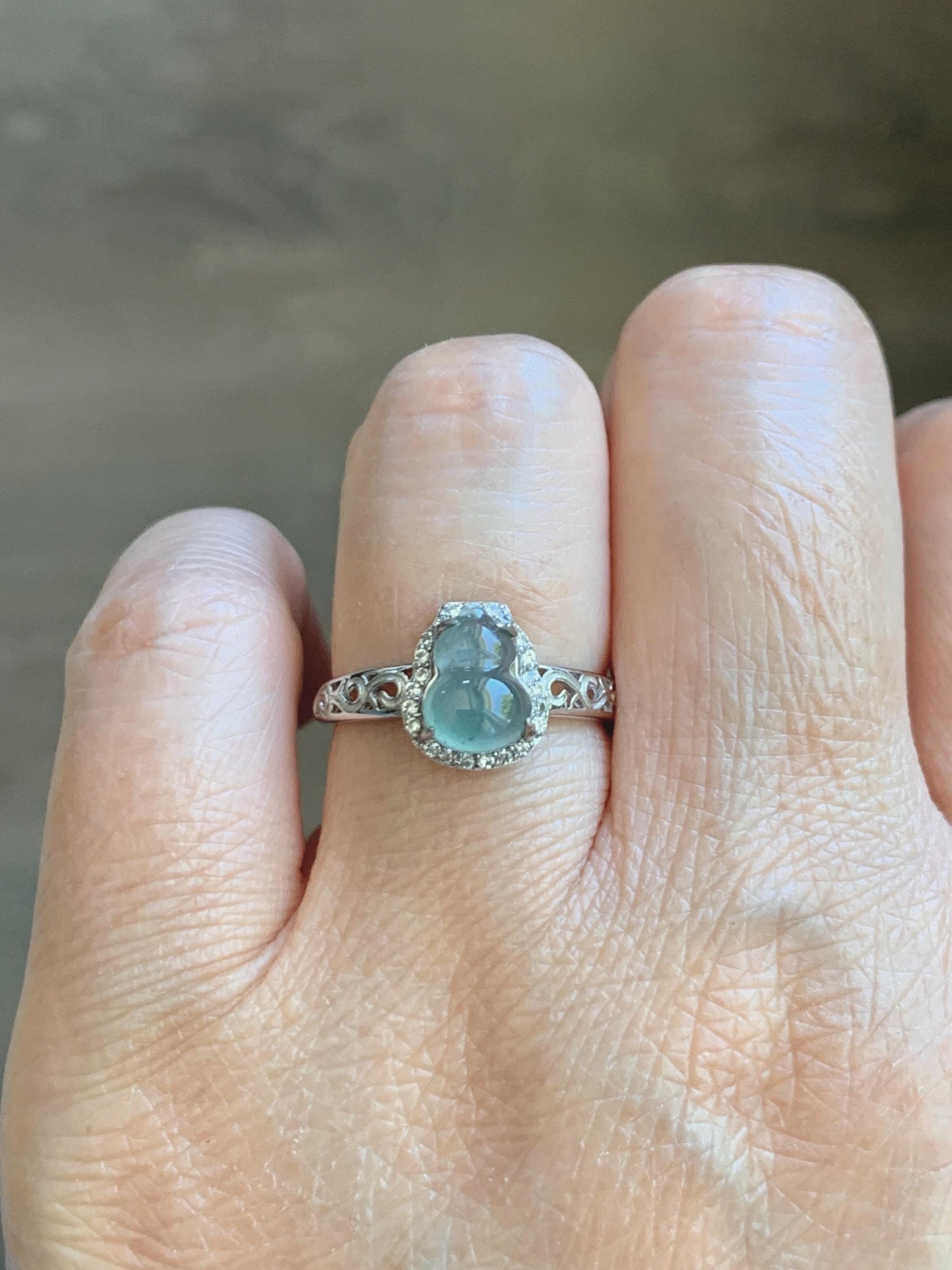 Natural Grade A Guatemalan Icy Translucent Light Teal Blue Jade Jadeite Gourd Hulu Ring Sterling Silver Size 7 Adjustable 天然冰危浅蓝翡翠葫芦戒指 WLH88