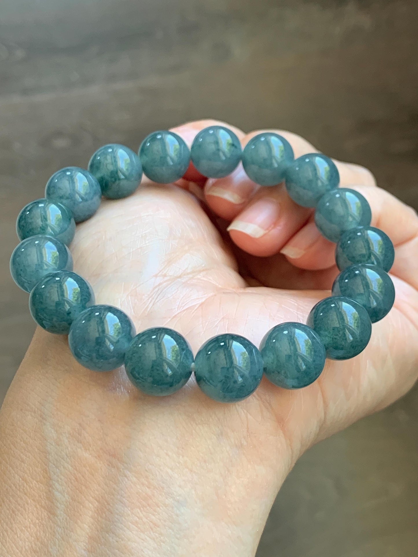Natural Grade A Guatemalan Icy Translucent Dusty Teal Blue Jade Jadeite Beaded Bracelet 11.9mm 7.25” 48g 天然冰胶危蓝翡翠手串 WDL360