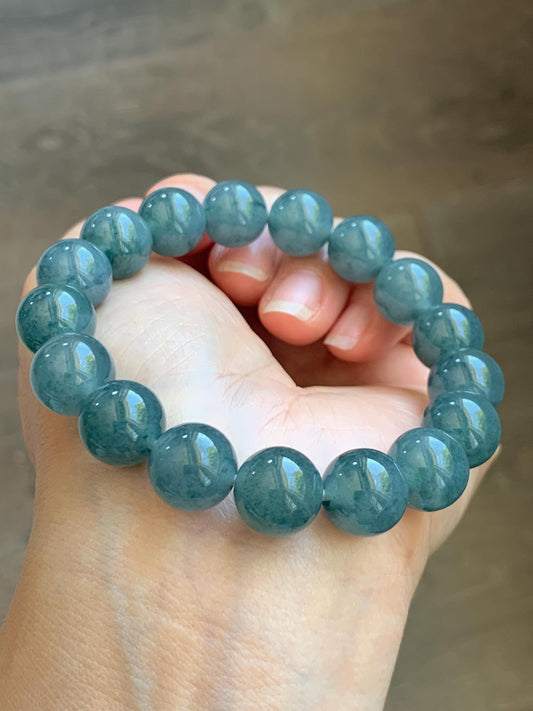 Natural Grade A Guatemalan Icy Translucent Dusty Teal Blue Jade Jadeite Beaded Bracelet 11.9mm 7.25” 48g 天然冰胶危蓝翡翠手串 WDL360