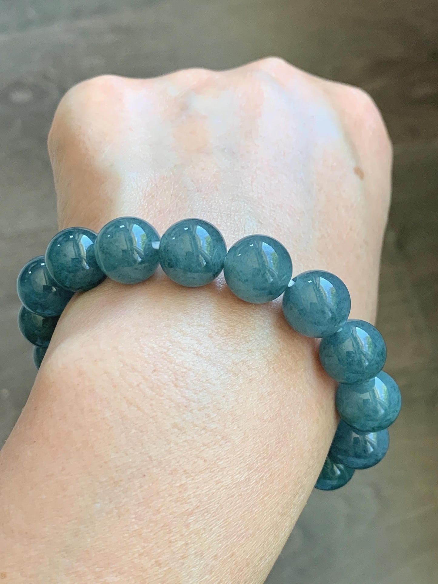 Natural Grade A Guatemalan Icy Translucent Dusty Teal Blue Jade Jadeite Beaded Bracelet 11.9mm 7.25” 48g 天然冰胶危蓝翡翠手串 WDL360