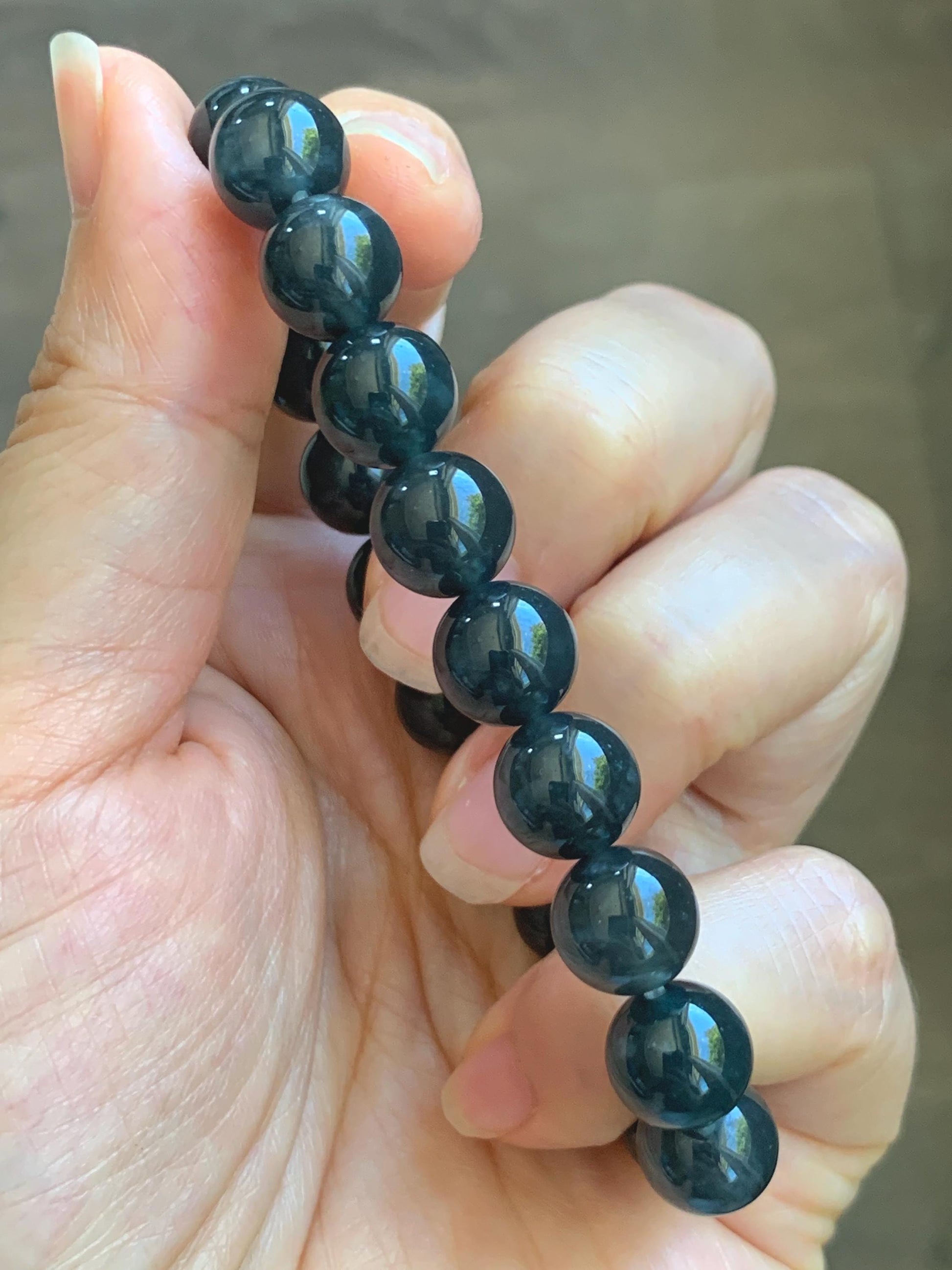 Grade A Natural Guatemalan Icy Translucent Dark Gray Wuji Marbled Jade Jadeite Beaded Bracelet 9.8mm 7” 31g 天然冰胶危深蓝乌鸡翡翠手串 WWJ350