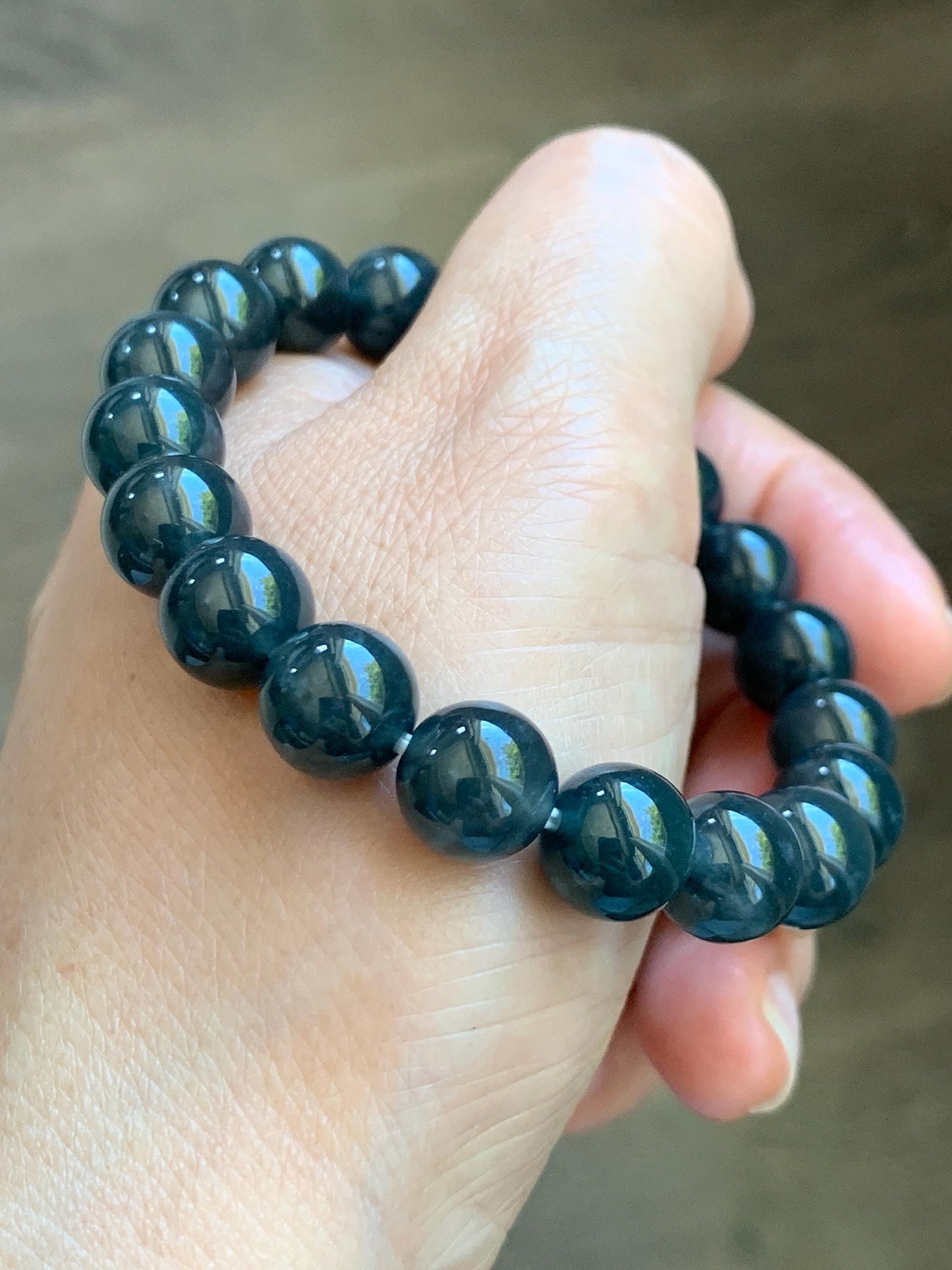 Grade A Natural Guatemalan Icy Translucent Dark Gray Wuji Marbled Jade Jadeite Beaded Bracelet 9.8mm 7” 31g 天然冰胶危深蓝乌鸡翡翠手串 WWJ350