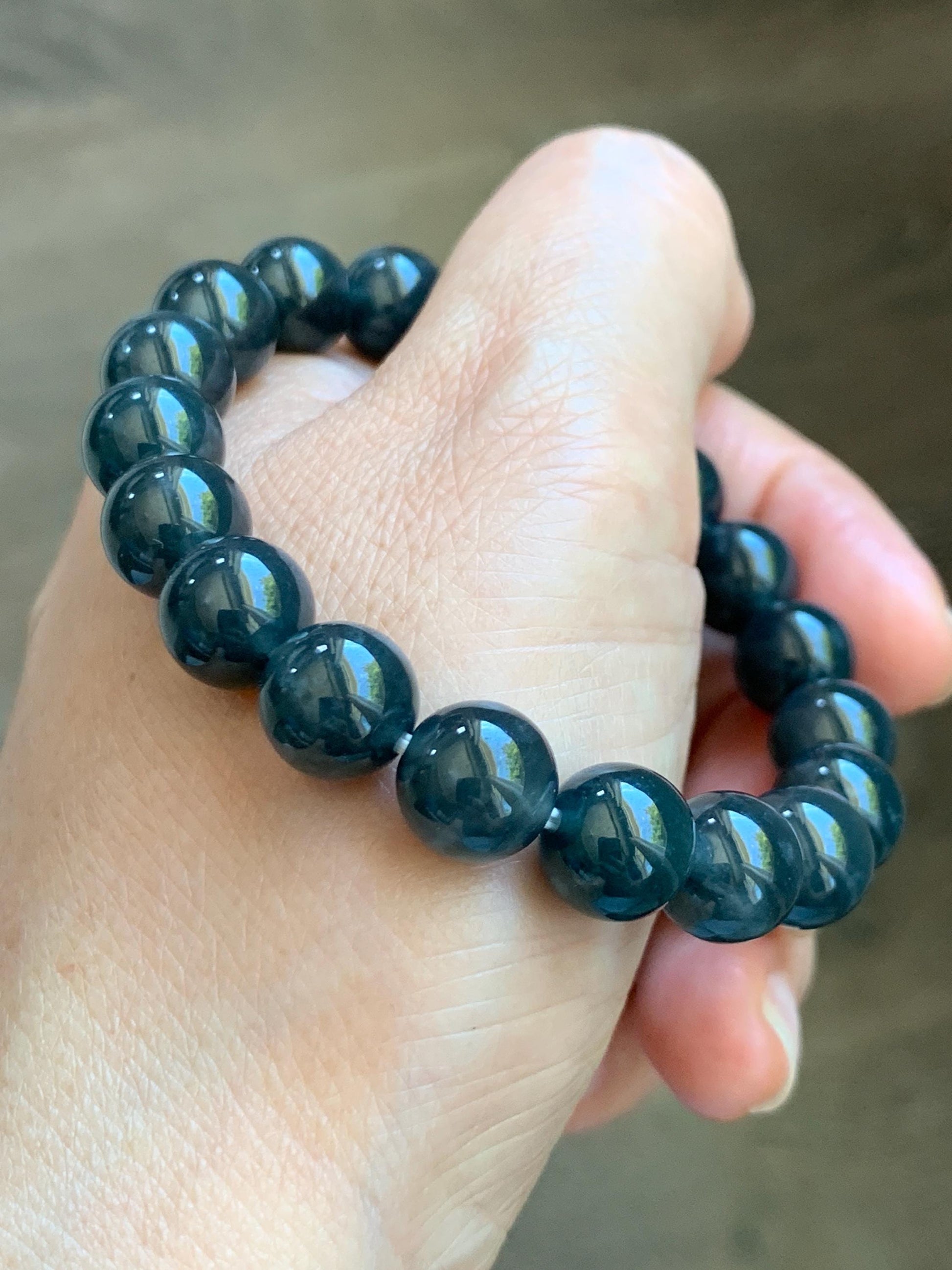 Grade A Natural Guatemalan Icy Translucent Dark Gray Wuji Marbled Jade Jadeite Beaded Bracelet 9.8mm 7” 31g 天然冰胶危深蓝乌鸡翡翠手串 WWJ350