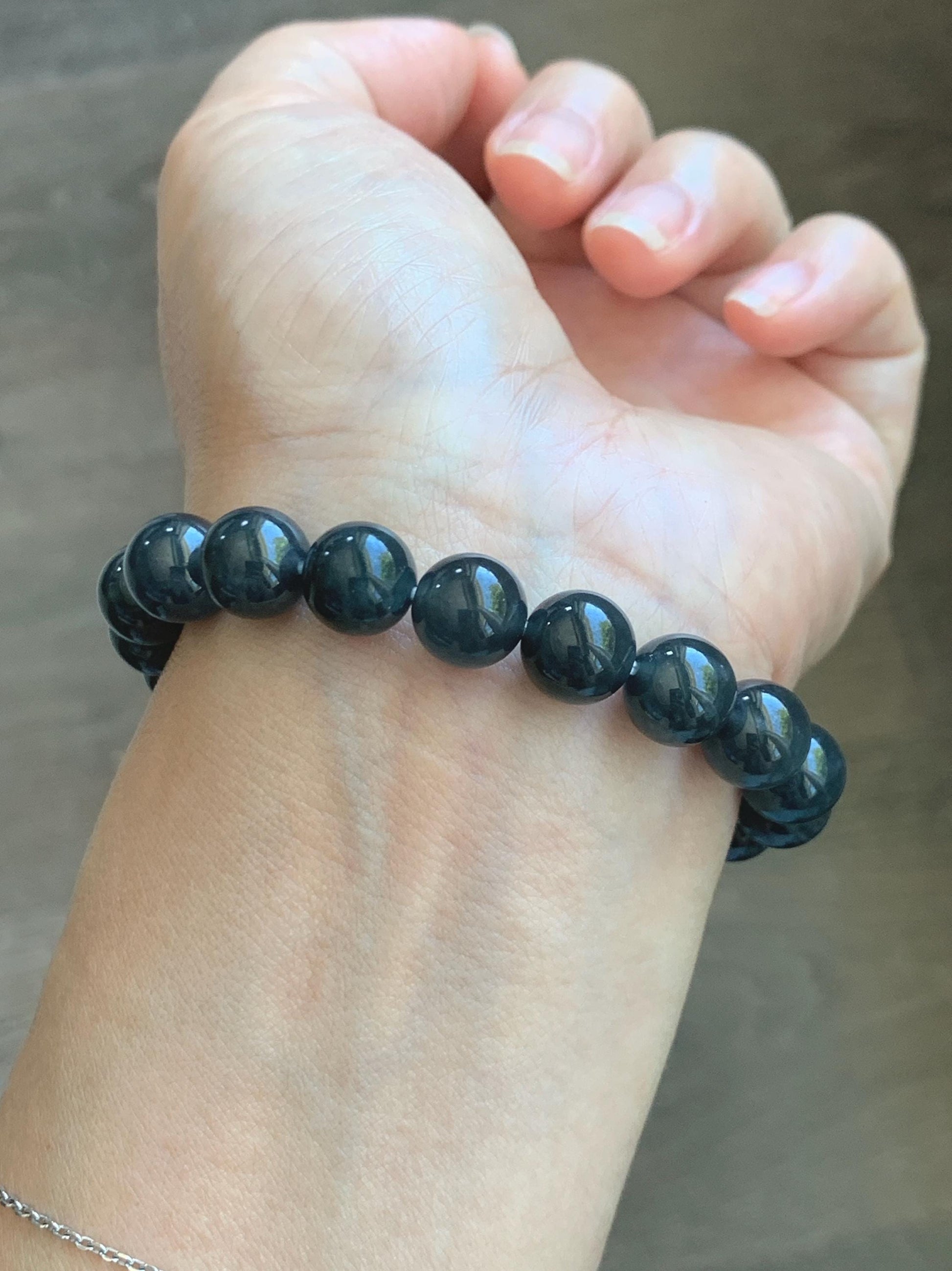 Grade A Natural Guatemalan Icy Translucent Dark Gray Wuji Marbled Jade Jadeite Beaded Bracelet 9.8mm 7” 31g 天然冰胶危深蓝乌鸡翡翠手串 WWJ350