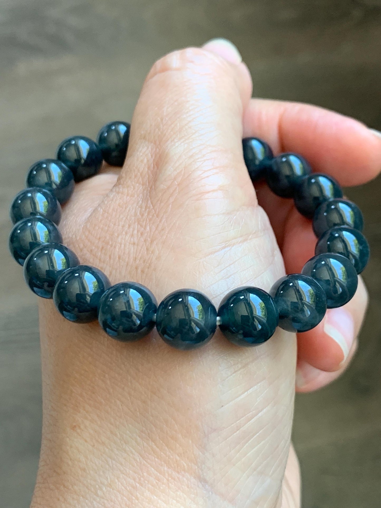 Grade A Natural Guatemalan Icy Translucent Dark Gray Wuji Marbled Jade Jadeite Beaded Bracelet 9.8mm 7” 31g 天然冰胶危深蓝乌鸡翡翠手串 WWJ350