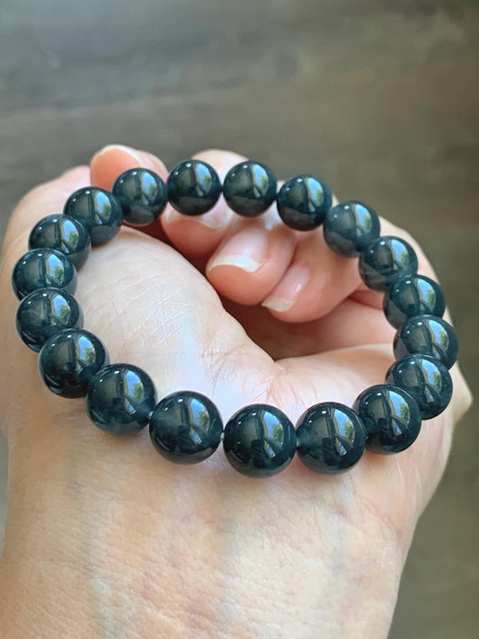 Grade A Natural Guatemalan Icy Translucent Dark Gray Wuji Marbled Jade Jadeite Beaded Bracelet 9.8mm 7” 31g 天然冰胶危深蓝乌鸡翡翠手串 WWJ350