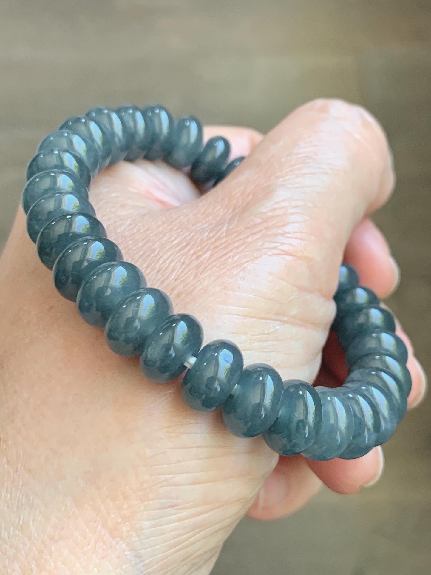 Natural Grade A Guatemalan Icy Translucent Dusty Aegean Blue Jade Jadeite Largr Drum Beads Beaded Bracelet 7.25” 35g 天然冰危暗蓝翡翠鼓珠手串 WAN496A