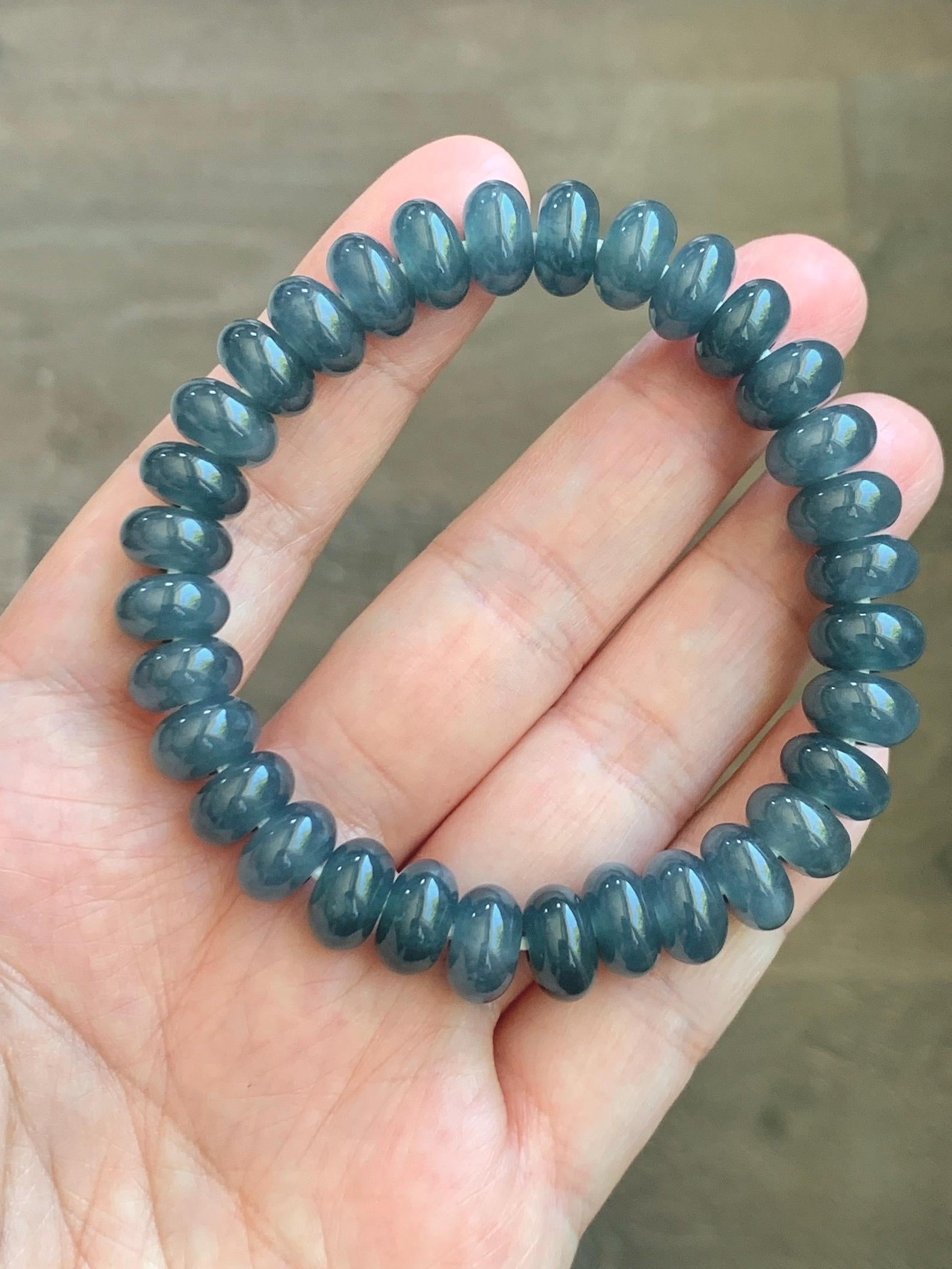 Natural Grade A Guatemalan Icy Translucent Dusty Aegean Blue Jade Jadeite Largr Drum Beads Beaded Bracelet 7.25” 35g 天然冰危暗蓝翡翠鼓珠手串 WAN496A
