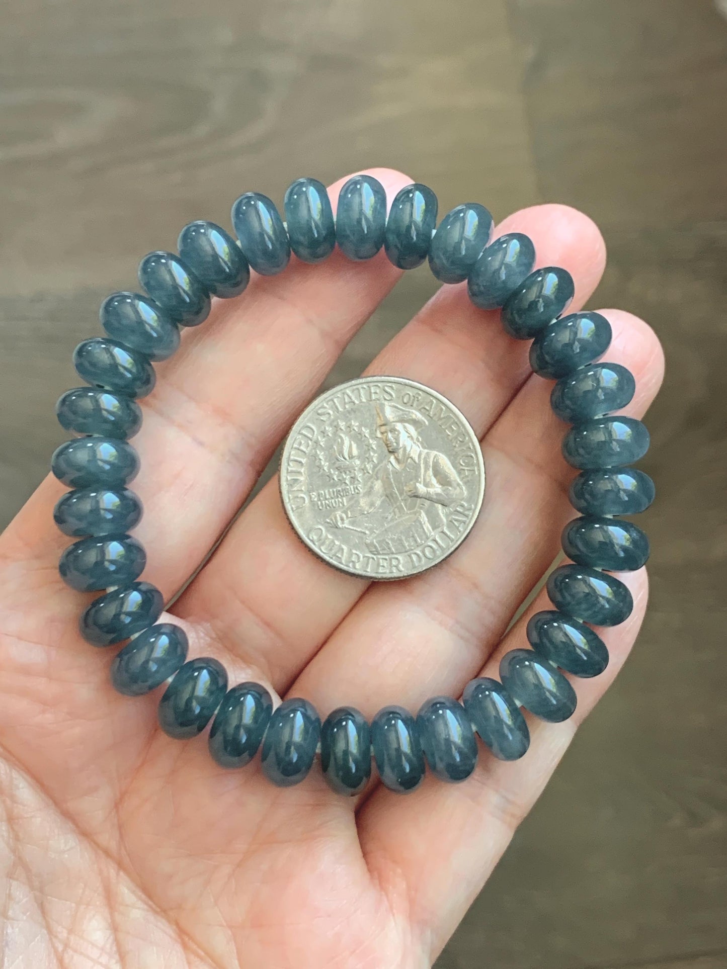 Natural Grade A Guatemalan Icy Translucent Dusty Aegean Blue Jade Jadeite Largr Drum Beads Beaded Bracelet 7.25” 35g 天然冰危暗蓝翡翠鼓珠手串 WAN496A
