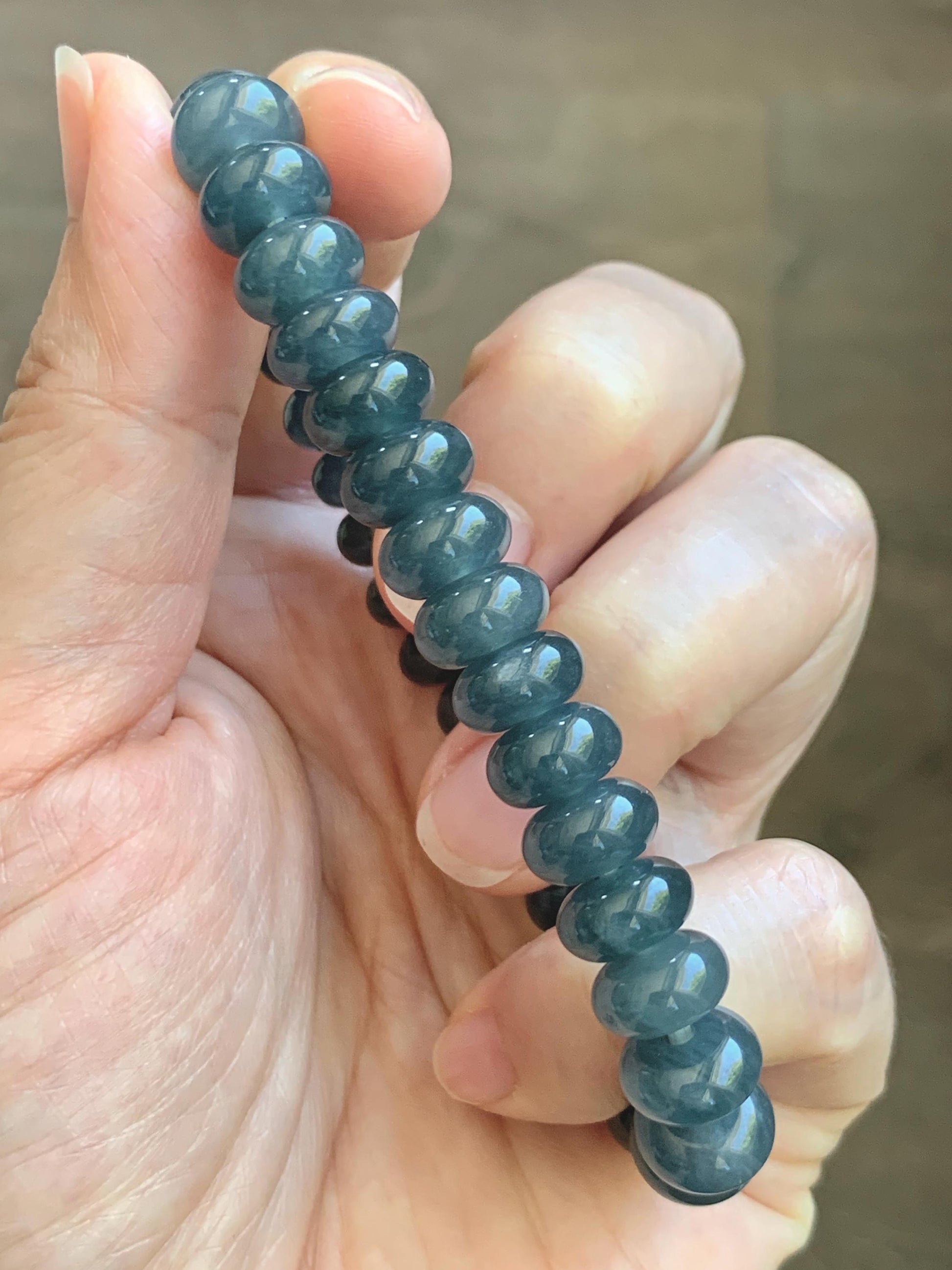 Natural Grade A Guatemalan Icy Translucent Dusty Aegean Blue Jade Jadeite Largr Drum Beads Beaded Bracelet 7.25” 35g 天然冰危暗蓝翡翠鼓珠手串 WAN496A