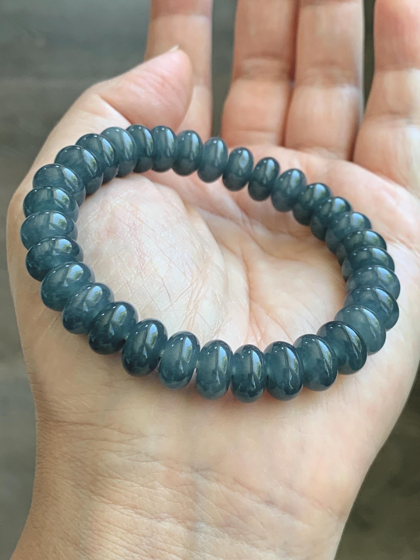 Natural Grade A Guatemalan Icy Translucent Dusty Aegean Blue Jade Jadeite Largr Drum Beads Beaded Bracelet 7.25” 35g 天然冰危暗蓝翡翠鼓珠手串 WAN496A