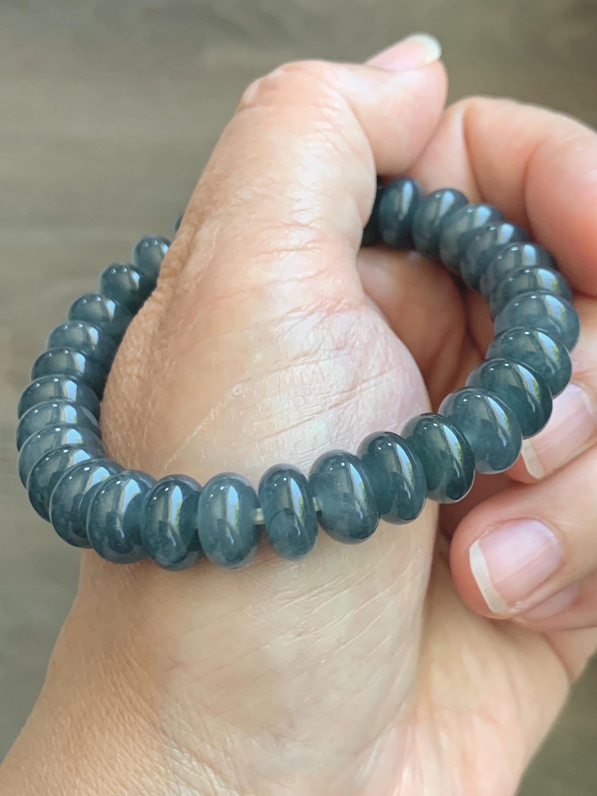 Natural Grade A Guatemalan Icy Translucent Dusty Aegean Blue Jade Jadeite Largr Drum Beads Beaded Bracelet 7.25” 35g 天然冰危暗蓝翡翠鼓珠手串 WAN496A