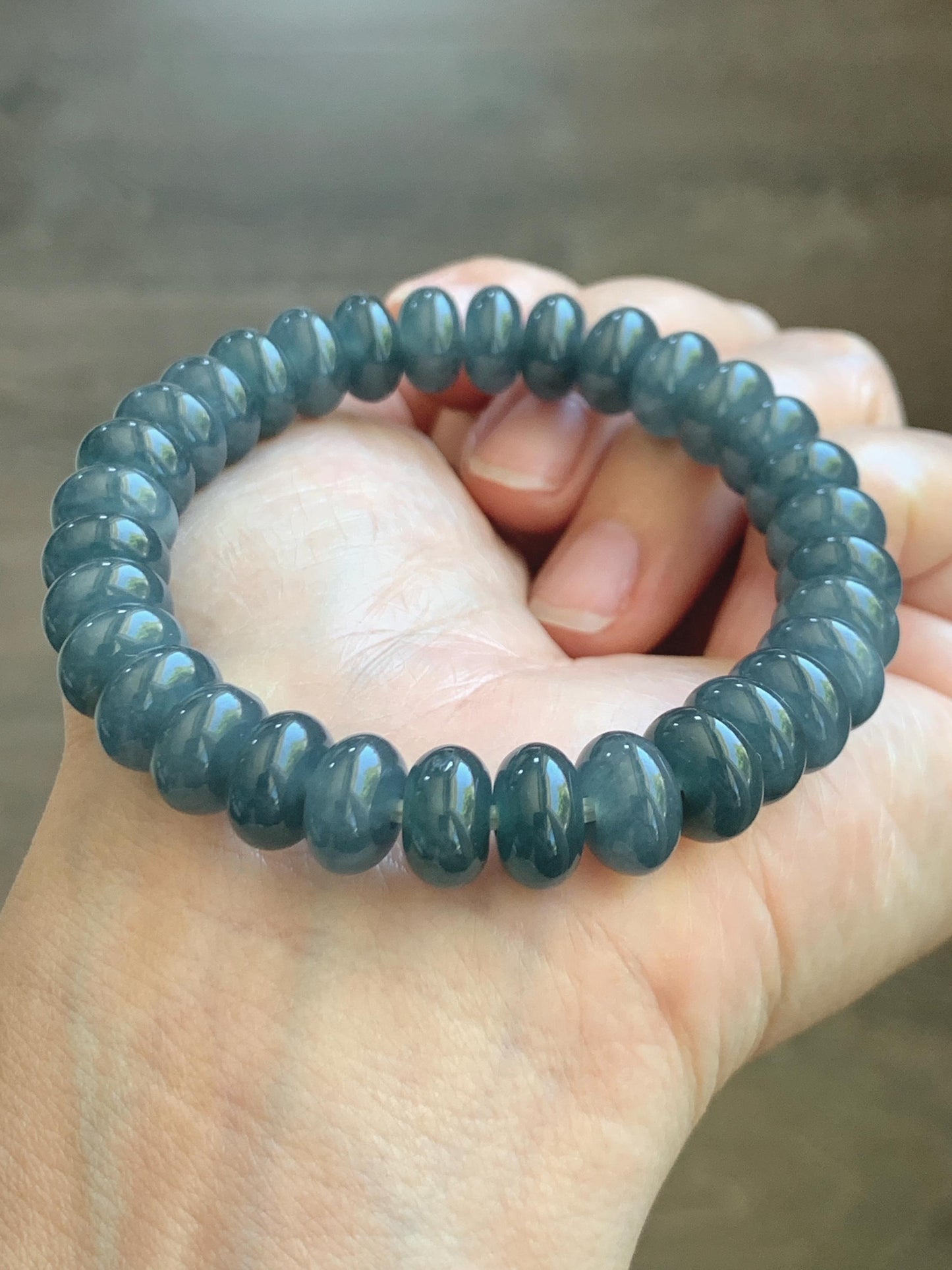 Natural Grade A Guatemalan Icy Translucent Dusty Aegean Blue Jade Jadeite Largr Drum Beads Beaded Bracelet 7.25” 35g 天然冰危暗蓝翡翠鼓珠手串 WAN496A