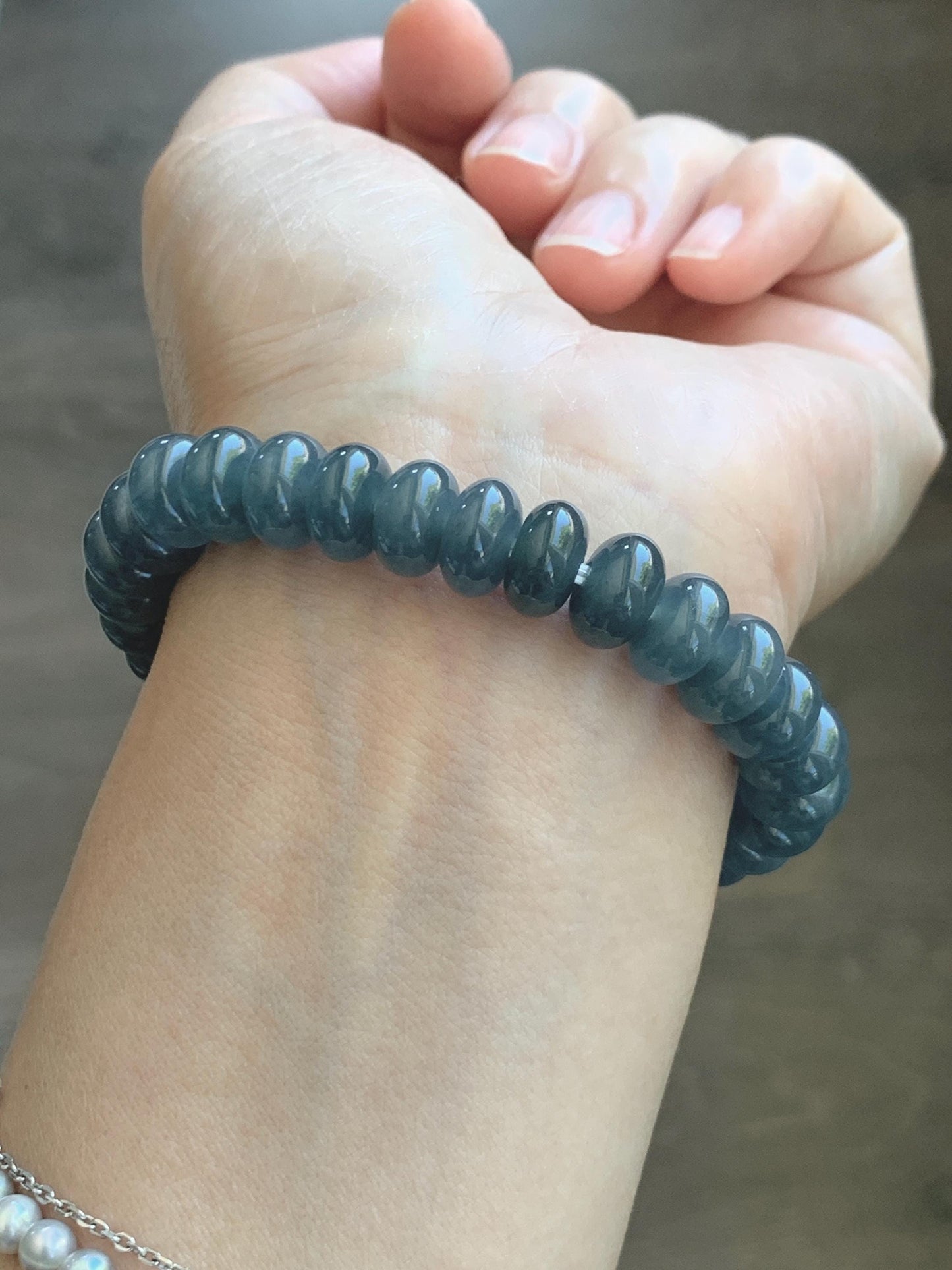 Natural Grade A Guatemalan Icy Translucent Dusty Aegean Blue Jade Jadeite Largr Drum Beads Beaded Bracelet 7.25” 35g 天然冰危暗蓝翡翠鼓珠手串 WAN496A