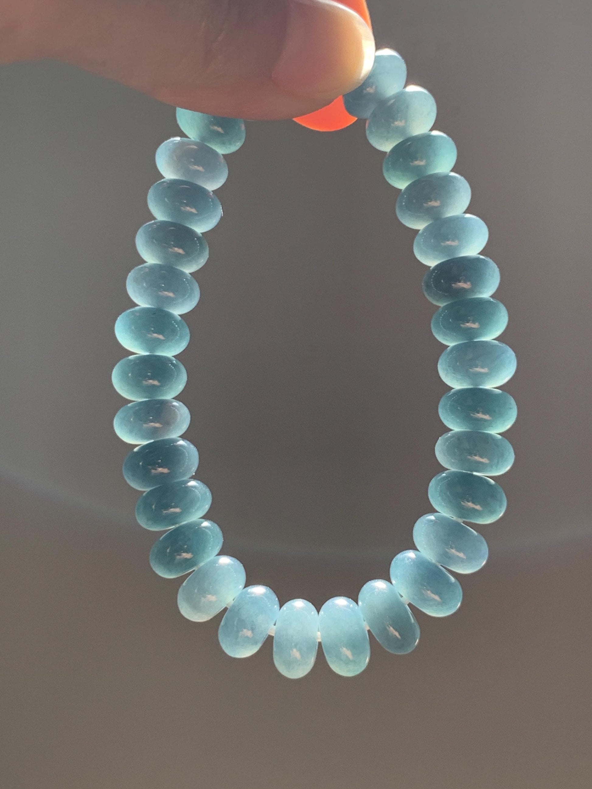 Natural Grade A Guatemalan Icy Translucent Dusty Aegean Blue Jade Jadeite Largr Drum Beads Beaded Bracelet 7.25” 35g 天然冰危暗蓝翡翠鼓珠手串 WAN496B
