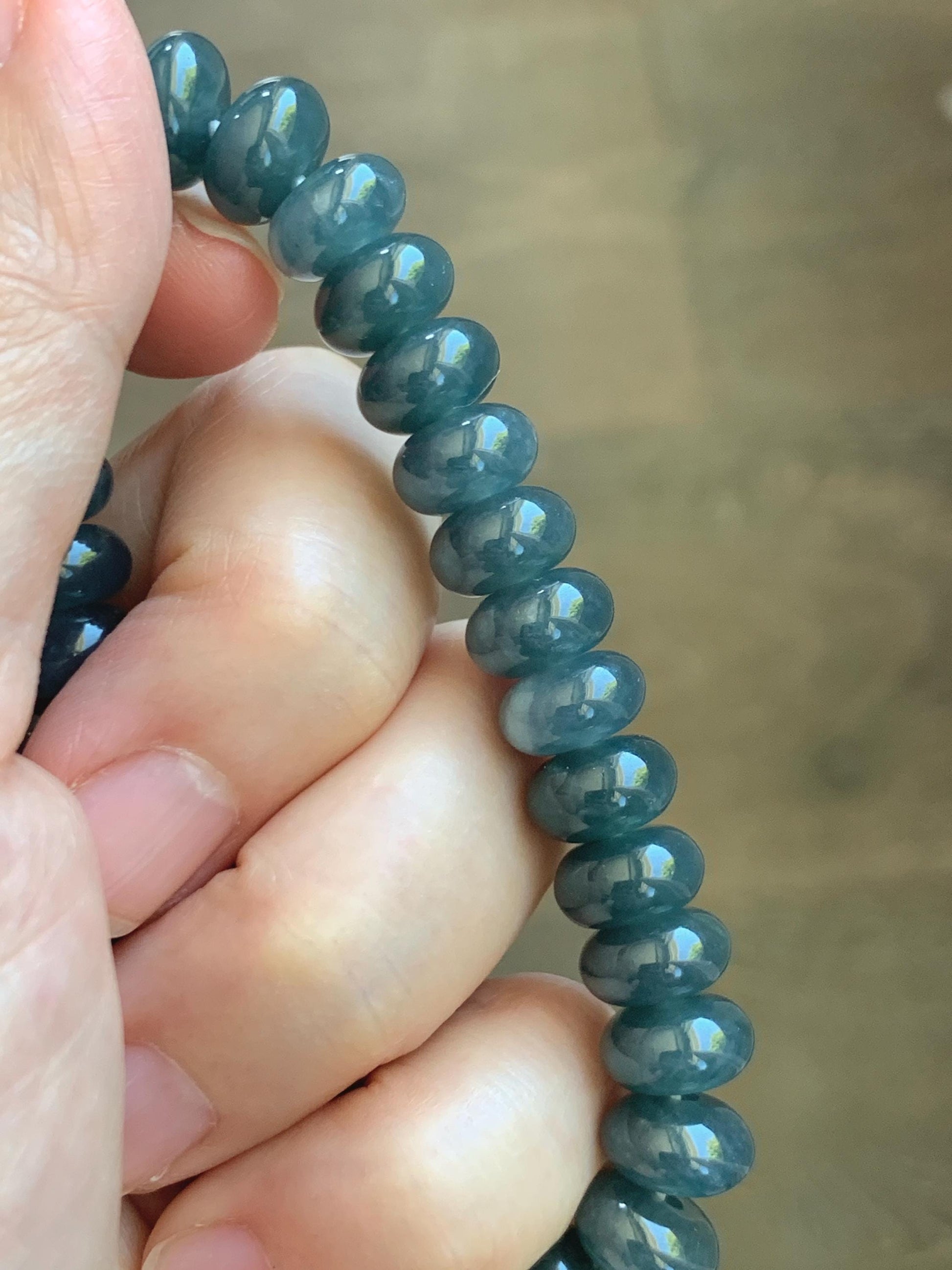 Natural Grade A Guatemalan Icy Translucent Dusty Aegean Blue Jade Jadeite Largr Drum Beads Beaded Bracelet 7.25” 35g 天然冰危暗蓝翡翠鼓珠手串 WAN496B
