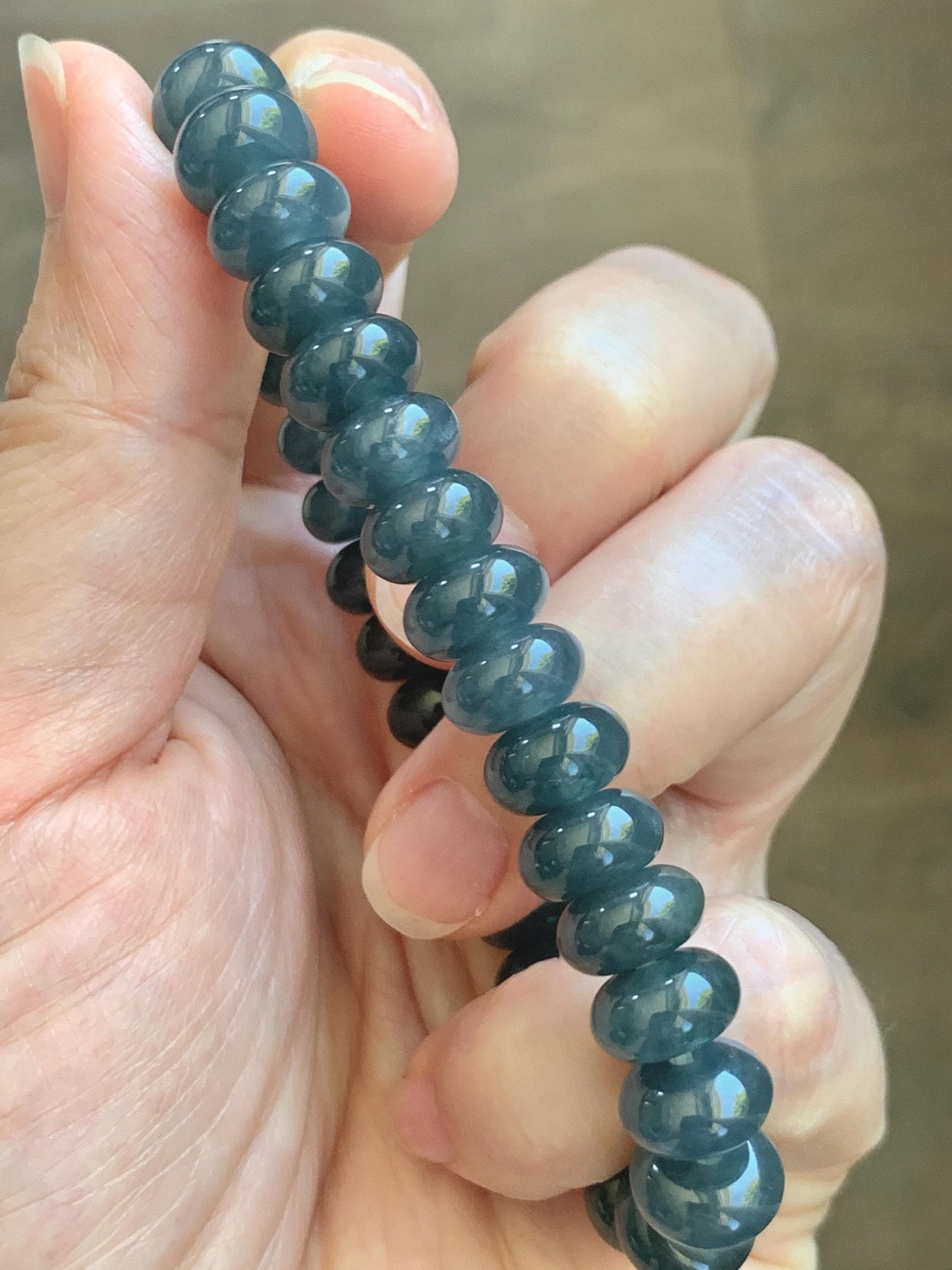 Natural Grade A Guatemalan Icy Translucent Dusty Aegean Blue Jade Jadeite Largr Drum Beads Beaded Bracelet 7.25” 35g 天然冰危暗蓝翡翠鼓珠手串 WAN496B