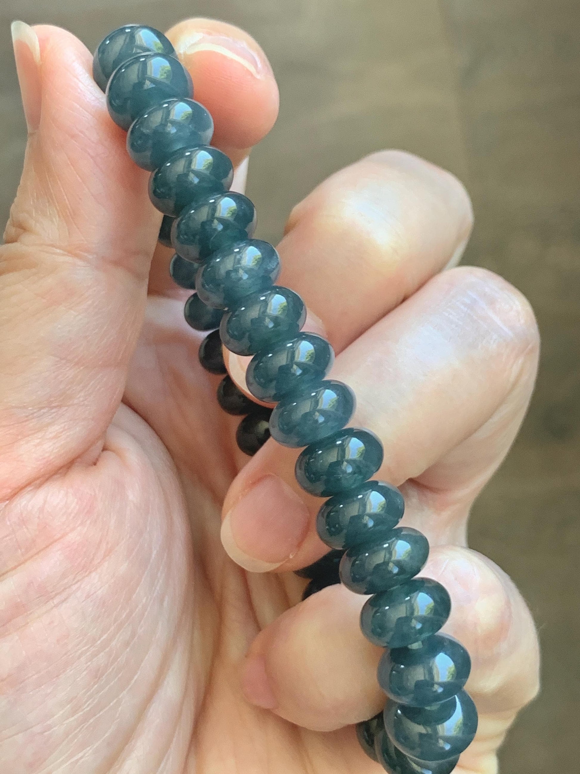 Natural Grade A Guatemalan Icy Translucent Dusty Aegean Blue Jade Jadeite Largr Drum Beads Beaded Bracelet 7.25” 35g 天然冰危暗蓝翡翠鼓珠手串 WAN496B