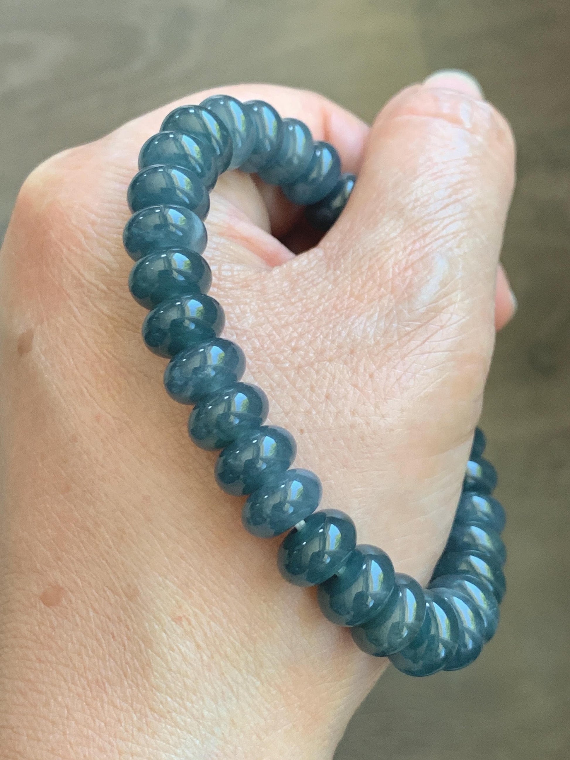 Natural Grade A Guatemalan Icy Translucent Dusty Aegean Blue Jade Jadeite Largr Drum Beads Beaded Bracelet 7.25” 35g 天然冰危暗蓝翡翠鼓珠手串 WAN496B