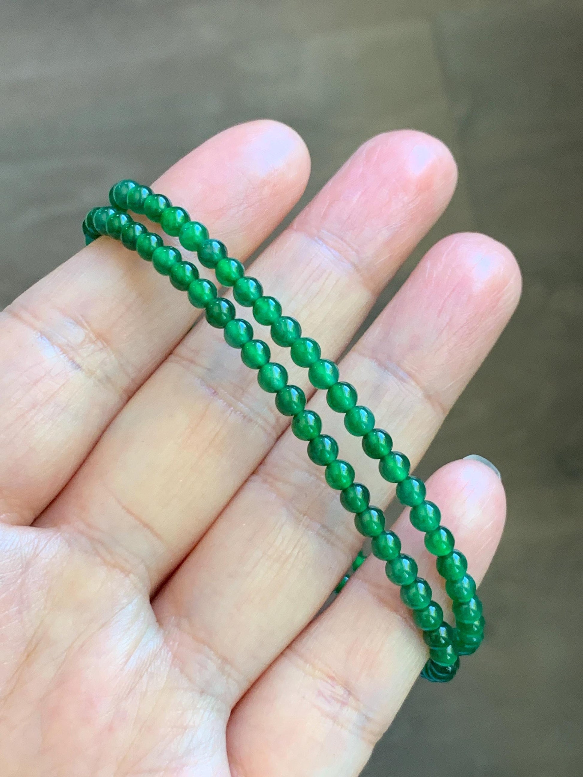Natural Grade A Guatemalan Icy Highly Translucent Vibrant Green Jadeite Petite Beads Beaded Bracelet 7.25” 3.5mm 5g 天然冰危绿翡翠小卡圆珠手串 WXL240