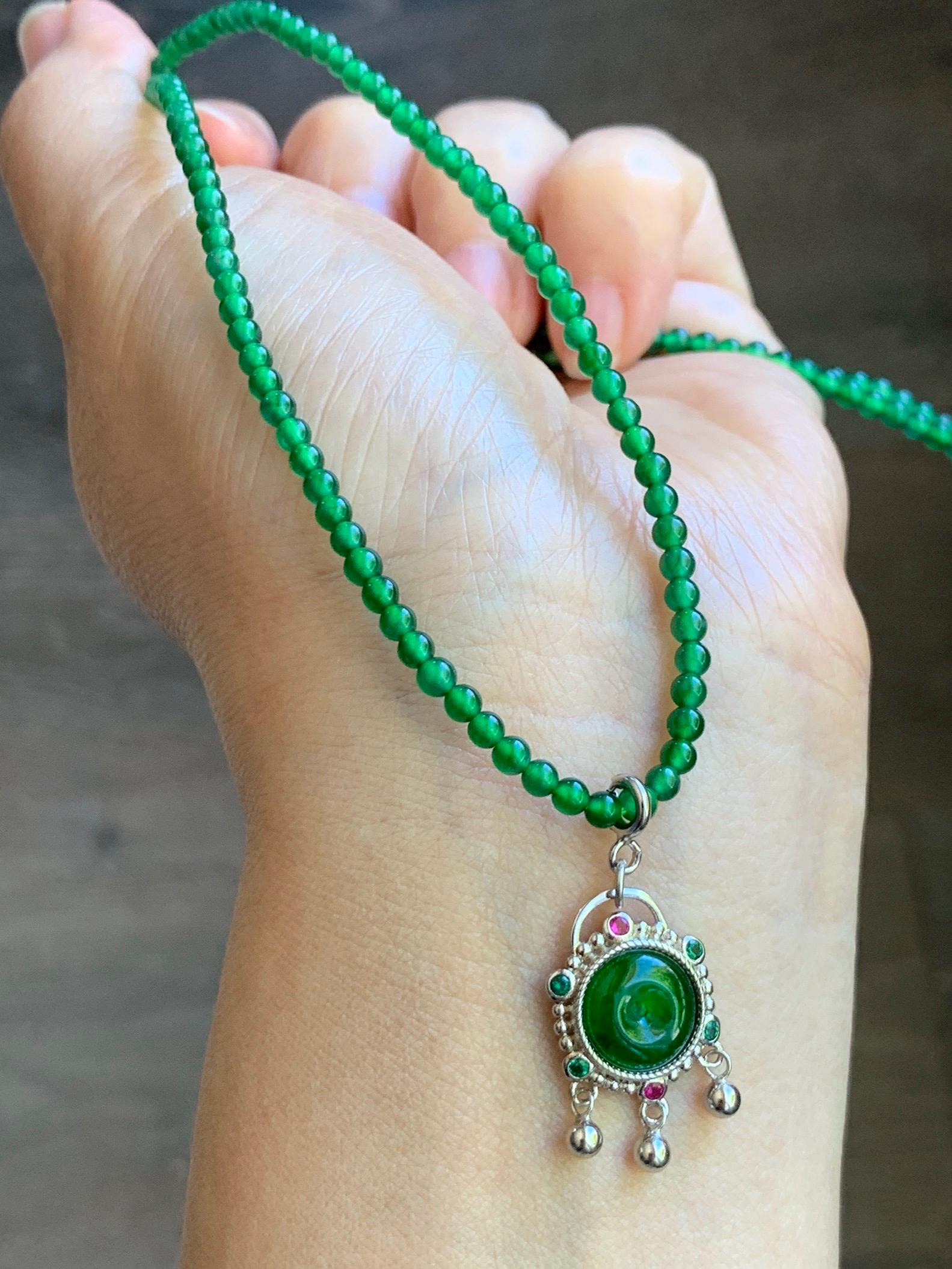 Natural Grade A Guatemalan Icy Vibrant Green Jade Jadeite Petite Beads Beaded Necklace Sterling Silver 3mm 19.75” 10g 天然冰危绿翡翠小圆珠项链 WVL660A