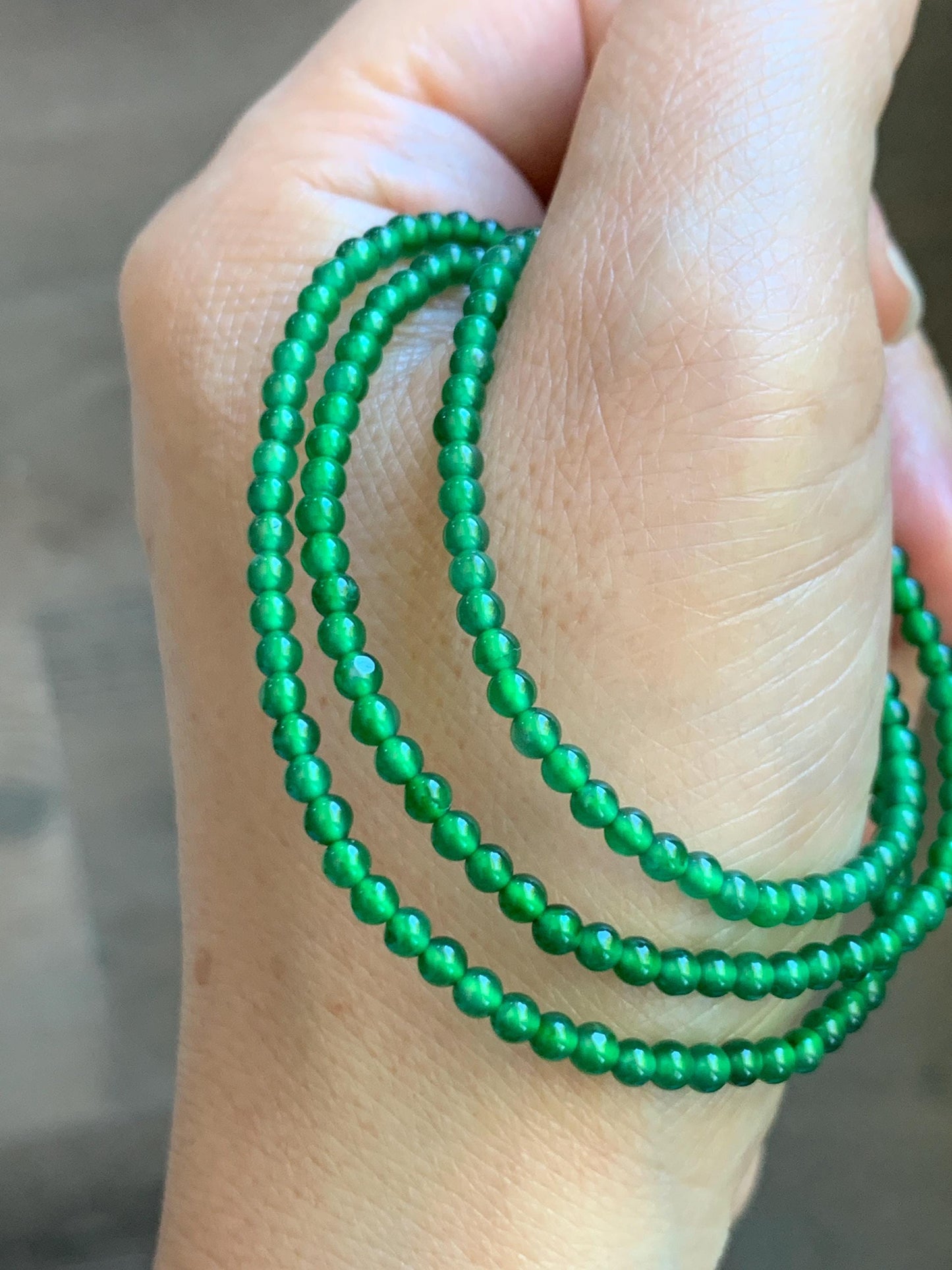 Natural Grade A Guatemalan Icy Vibrant Green Jade Jadeite Petite Beads Beaded Necklace Sterling Silver 3mm 19.75” 10g 天然冰危绿翡翠小圆珠项链 WVL660A